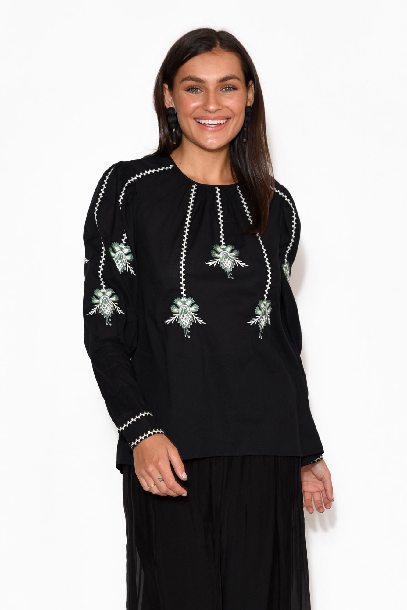 Grove Black Embroidered Bishop Sleeve Top