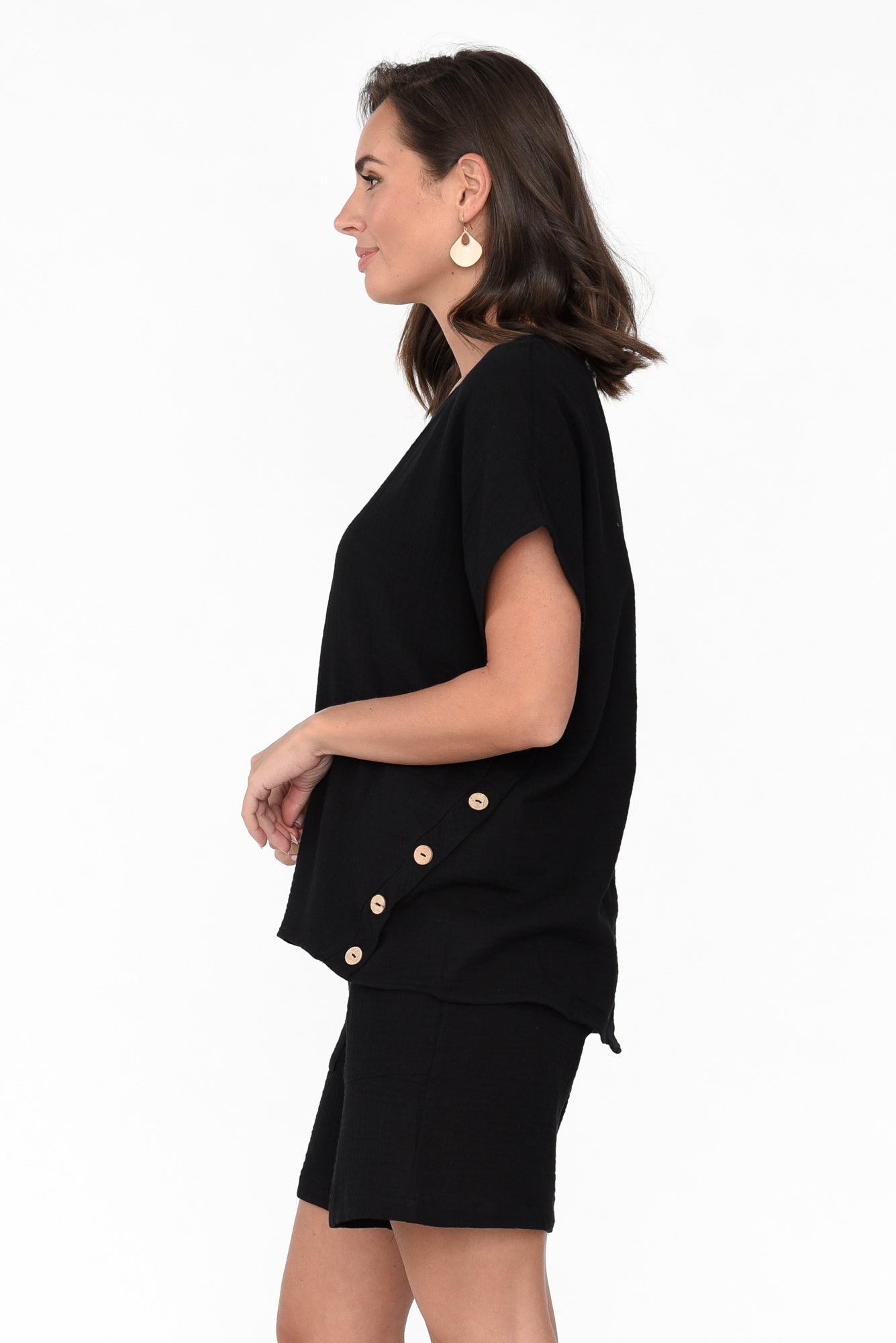 Byron Black Cotton Button Top