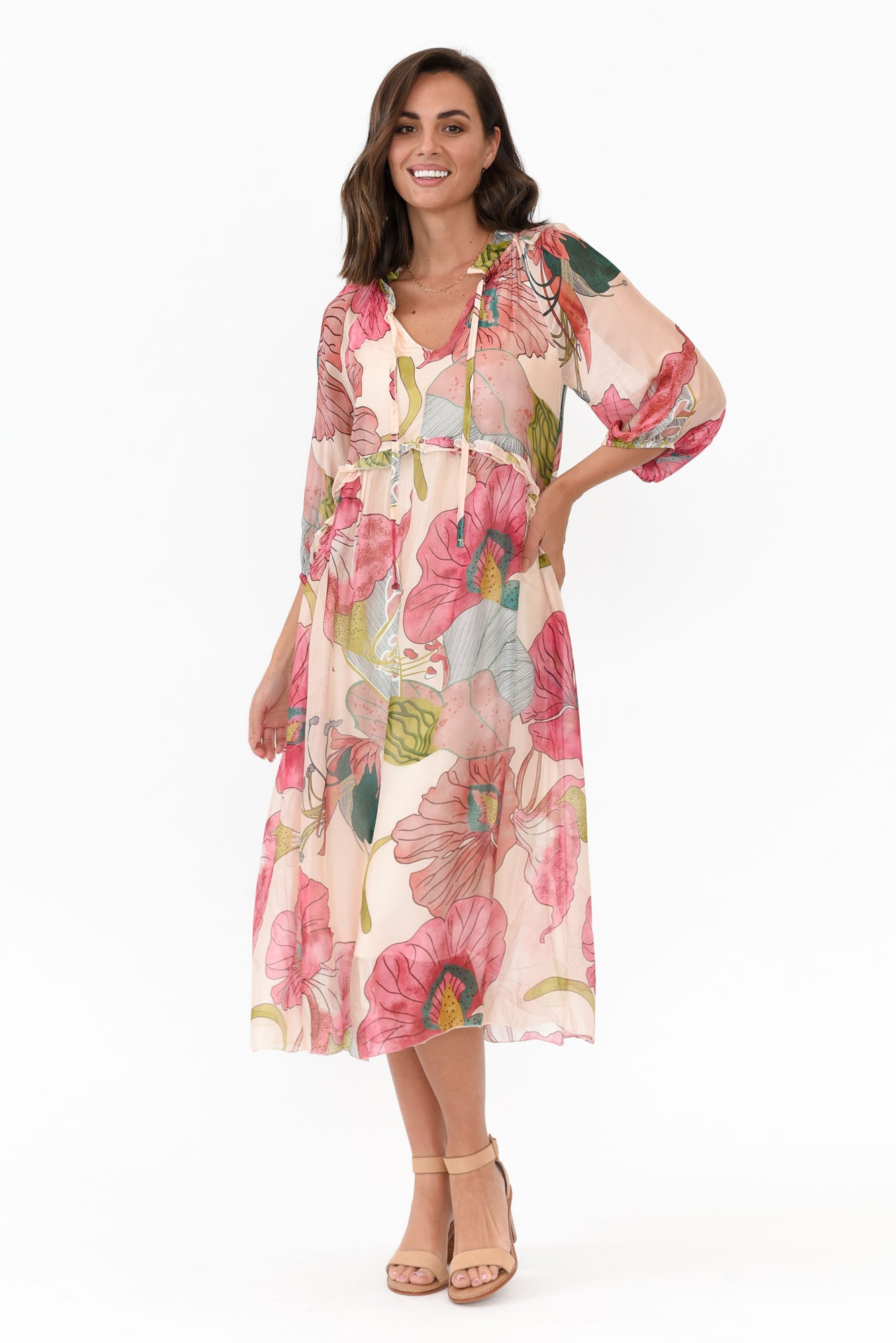 Maribel Pink Flower Silk Dress