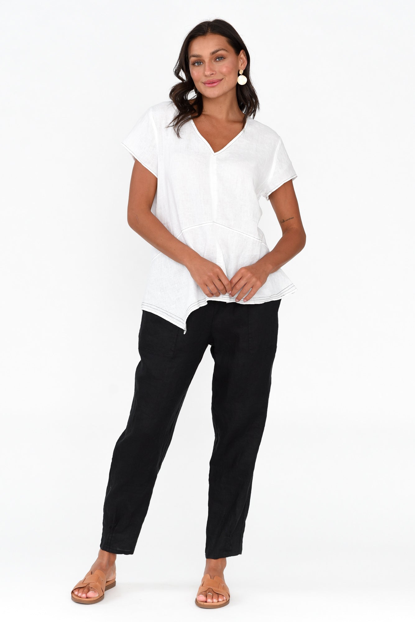 Lindy White Linen V Neck Top