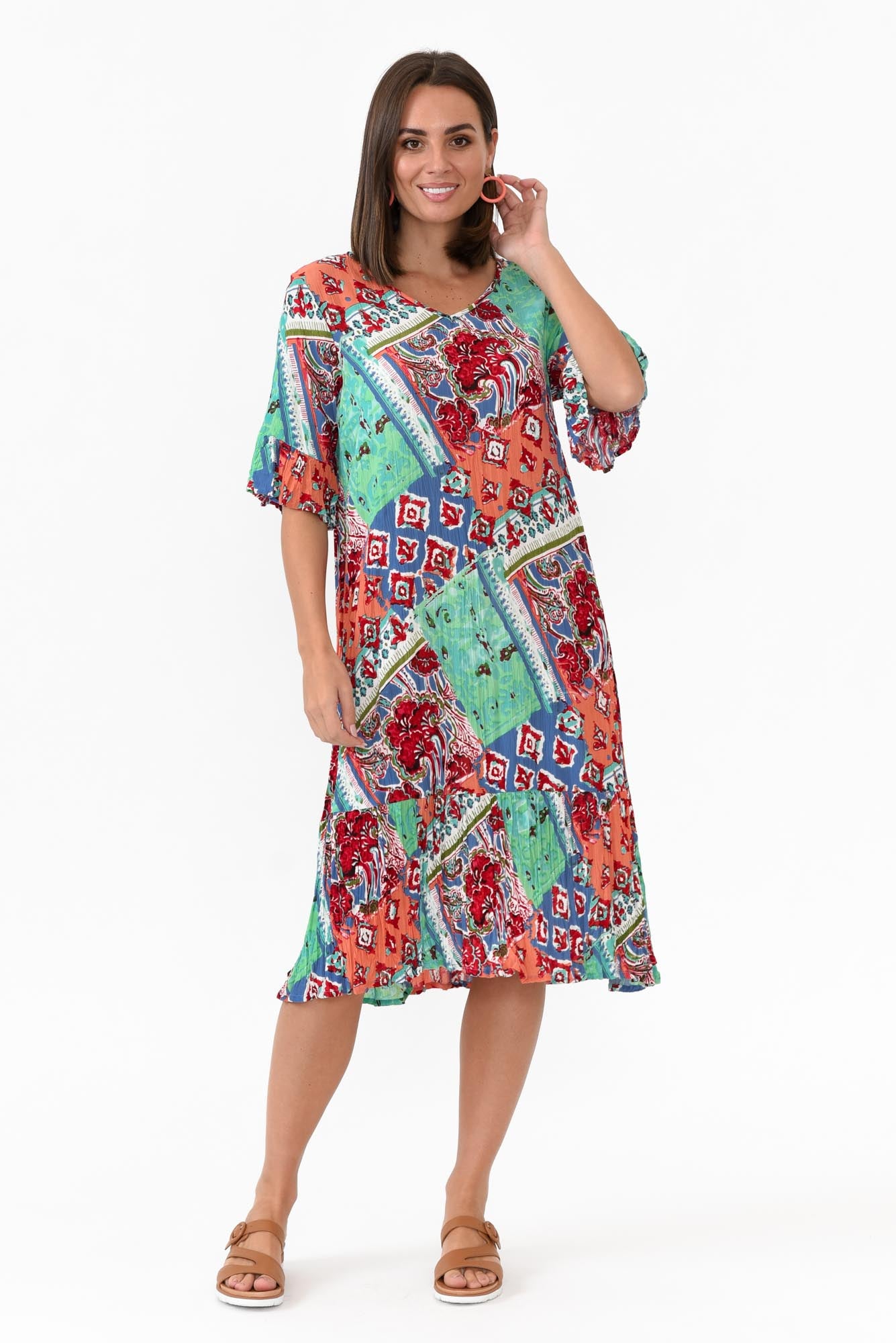 Calla Aqua Geometric Crinkle Dress