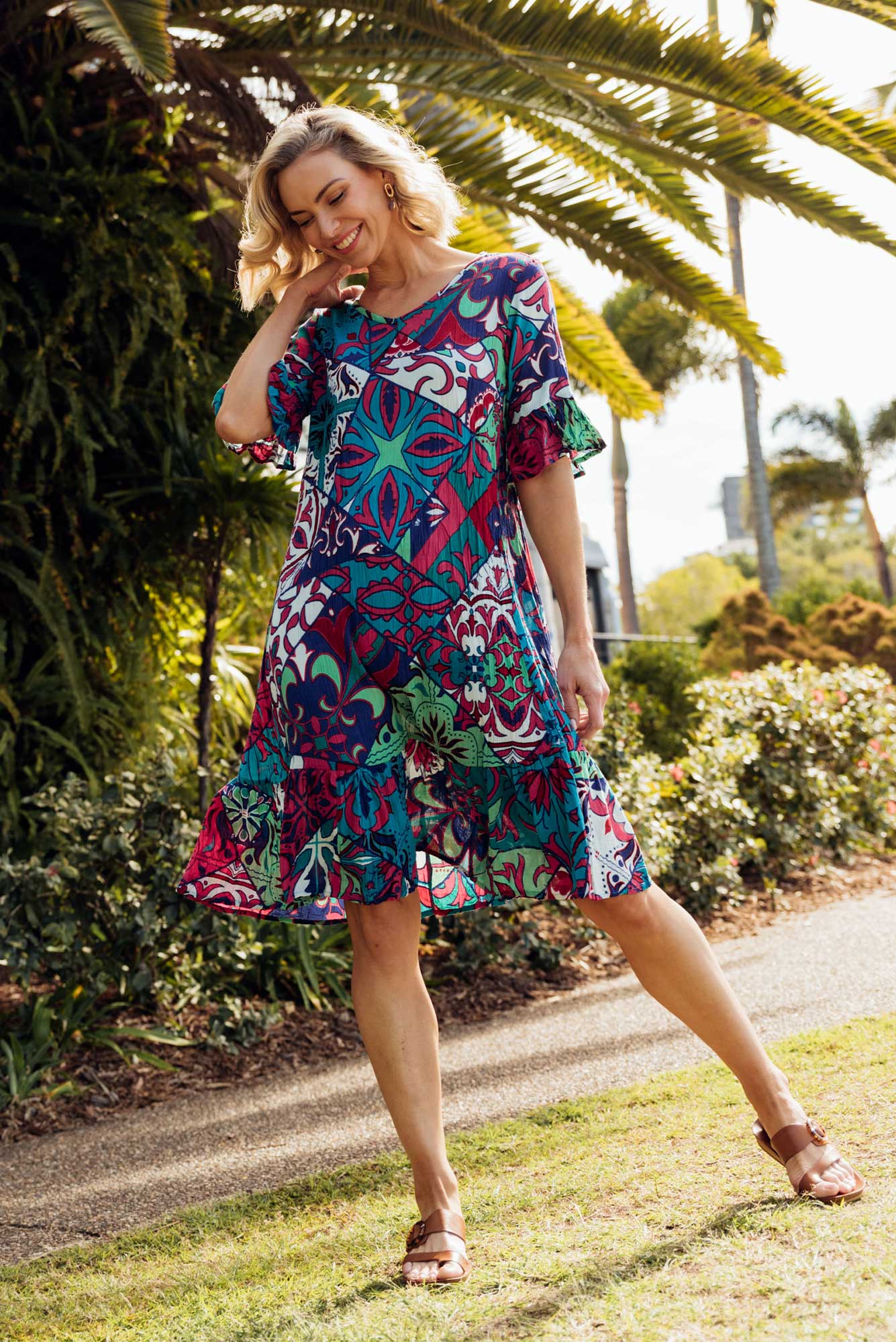 Calla Teal Mosaic Crinkle Dress
