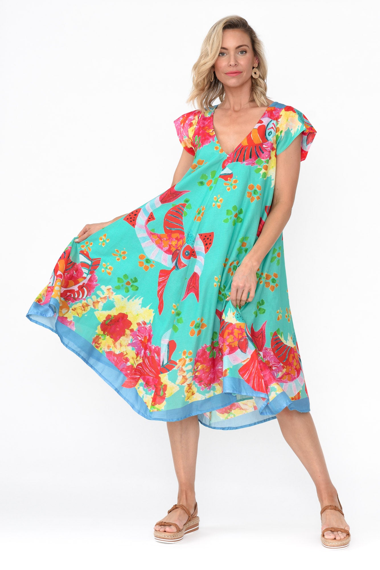 Maheno Teal Sea Cotton Midi Dress