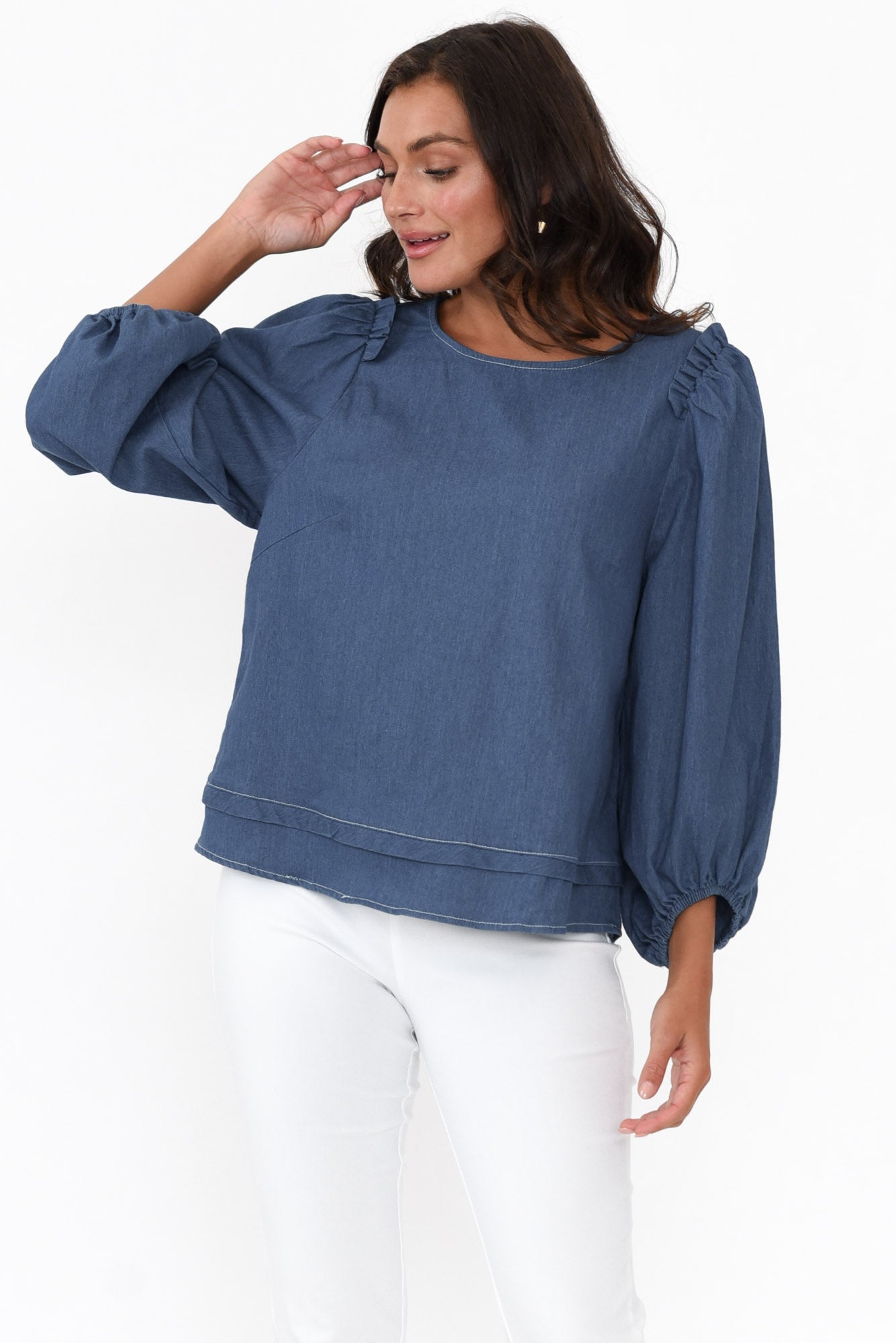 Ferguson Dark Blue Cotton Blend Frill Top