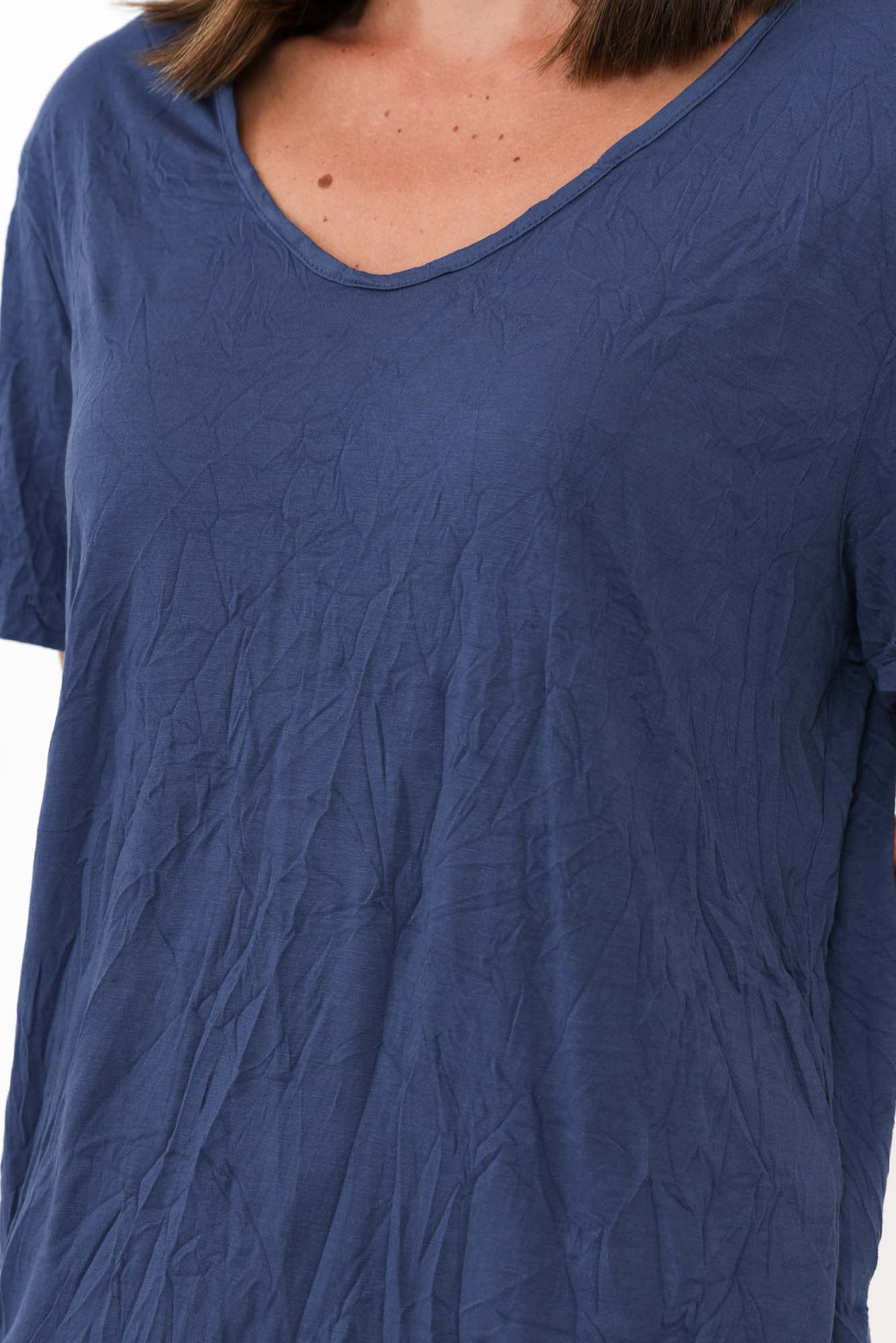 Marley Navy Crinkle Cotton Short Sleeve Top