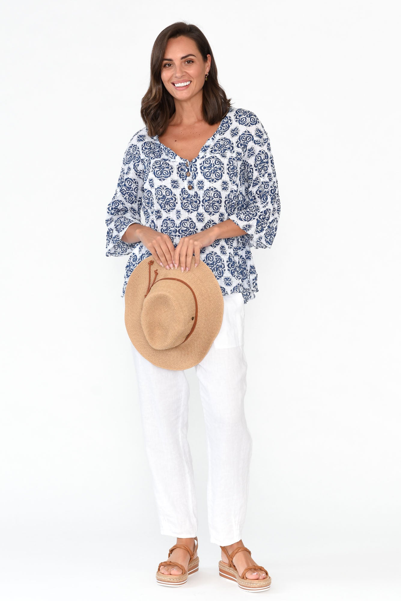 Blaise Navy Fiesta Cotton Button Top