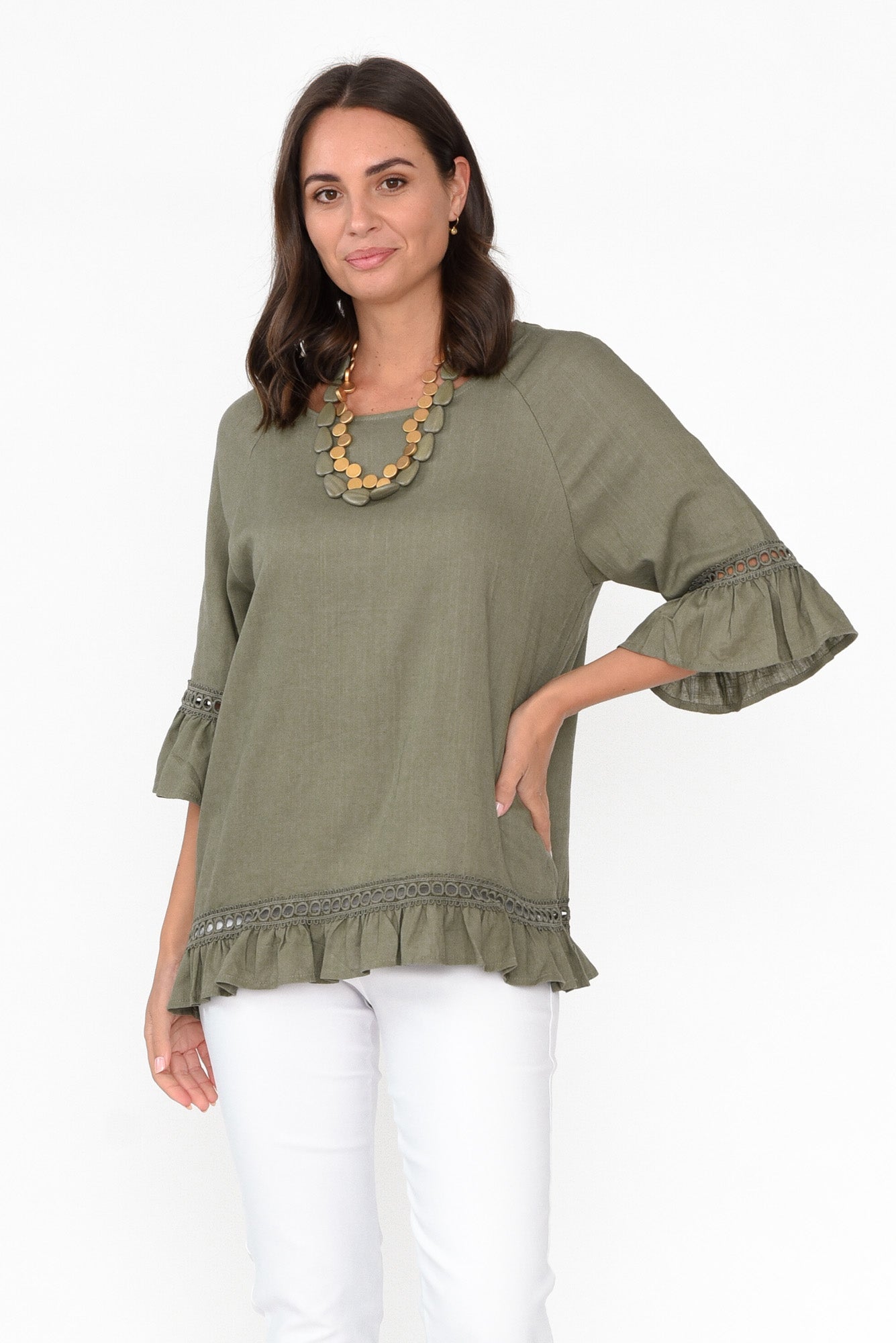 Tinker Khaki Linen Cotton Ruffle Top