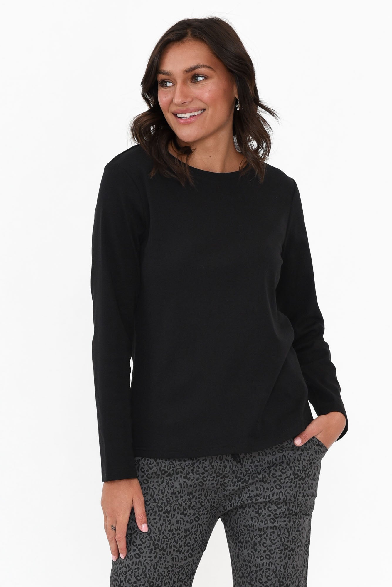 Porter Black Cotton Long Sleeve Top