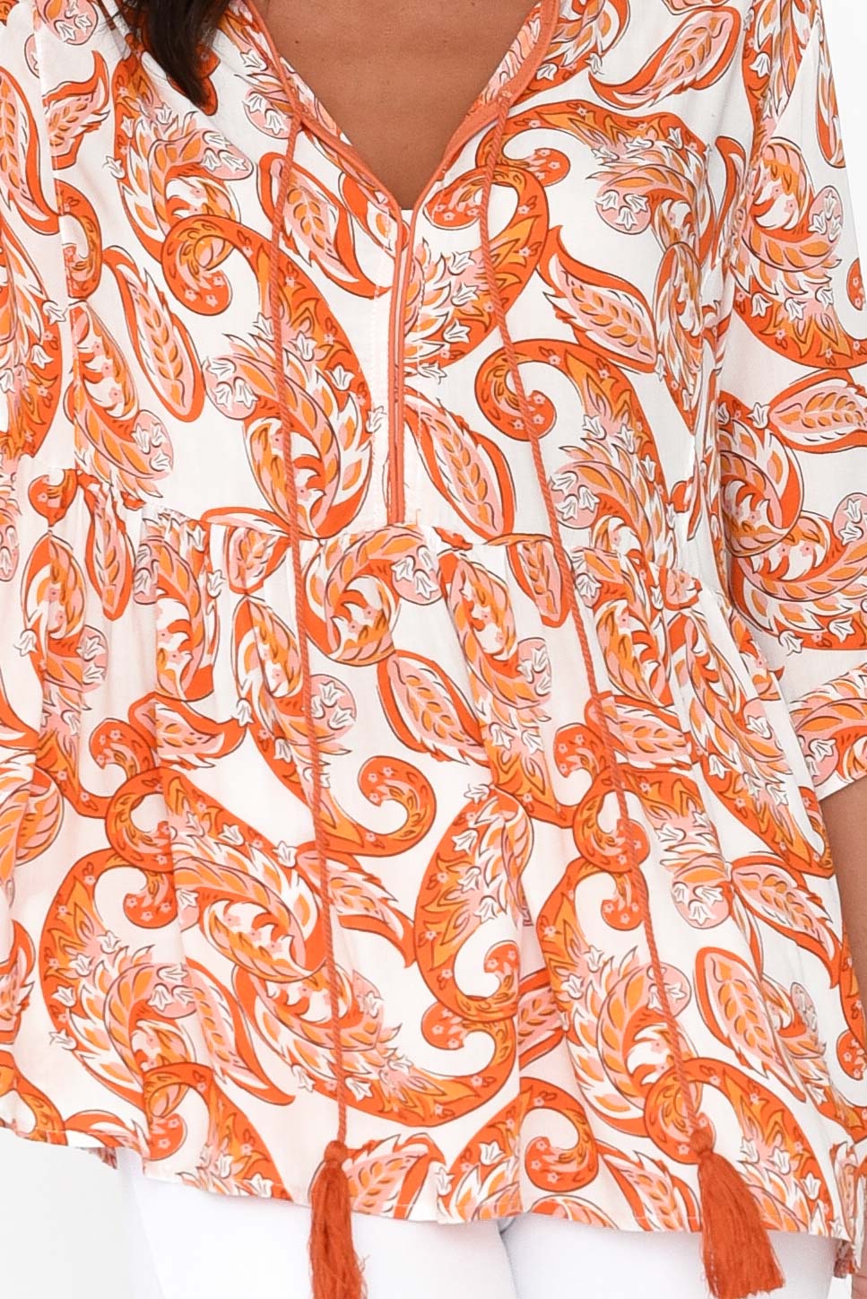Gwendolyn Orange Paisley Tassel Top