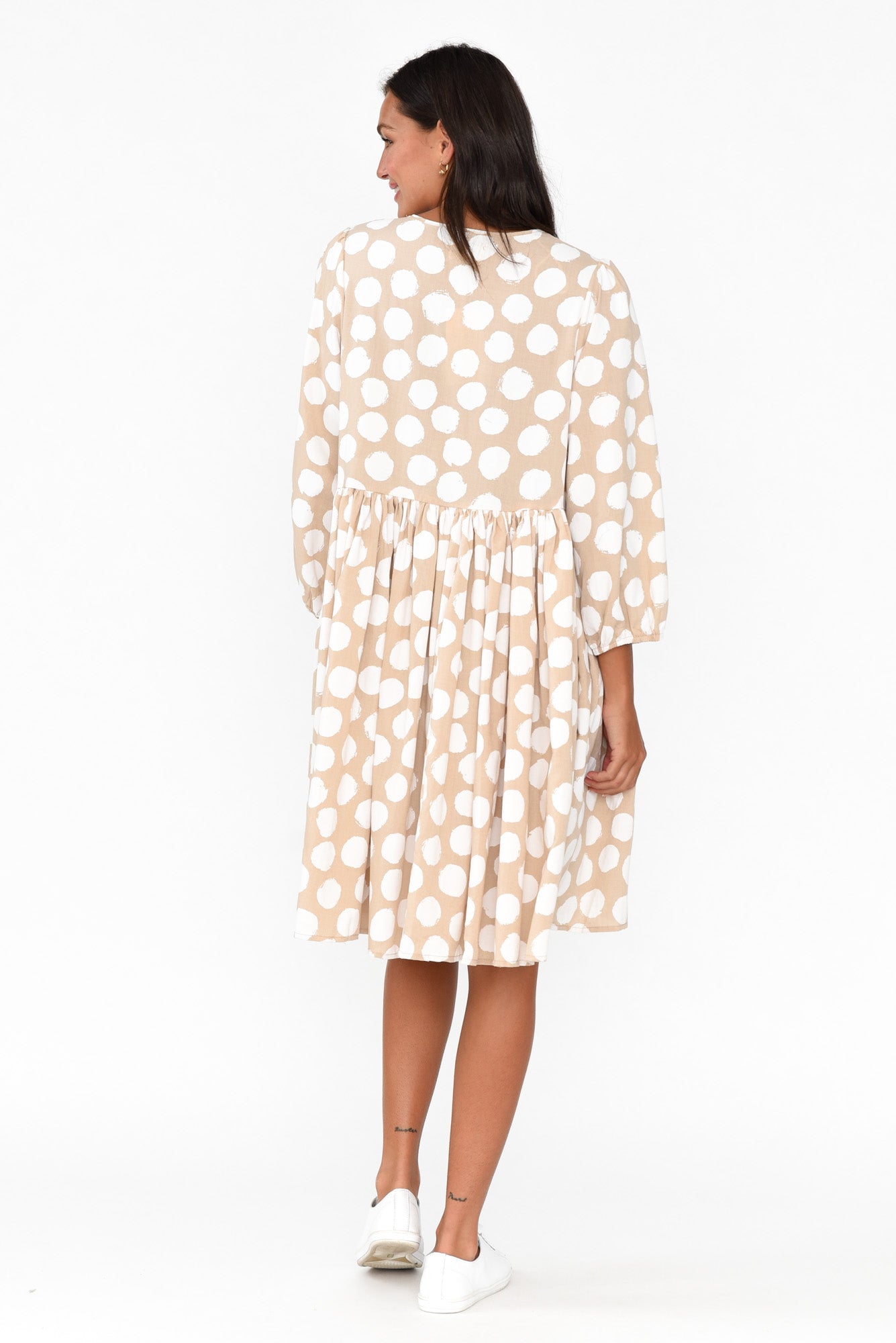Frieda Beige Spot Cotton Tie Dress