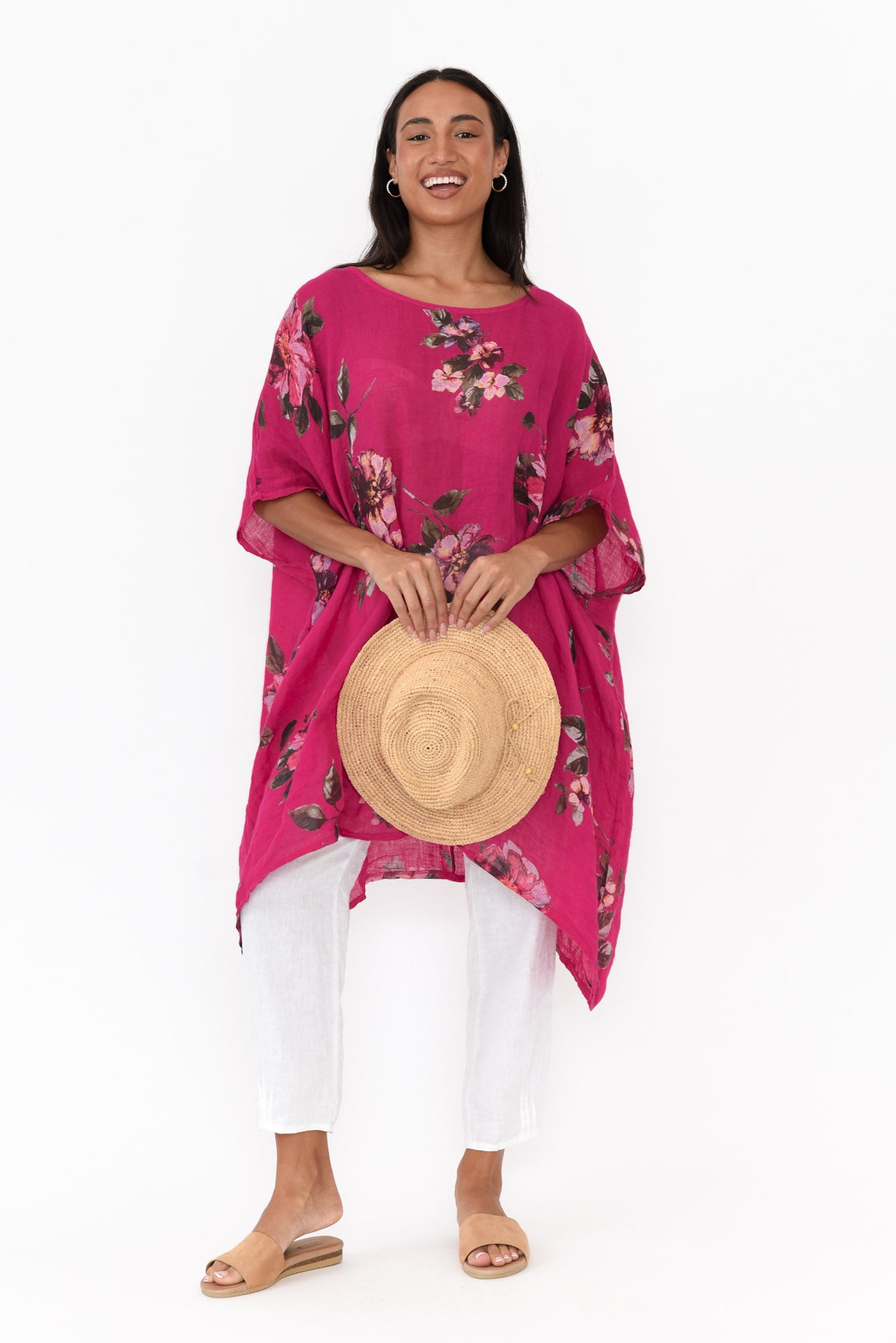 Noemi Hot Pink Floral Linen Kaftan Tunic