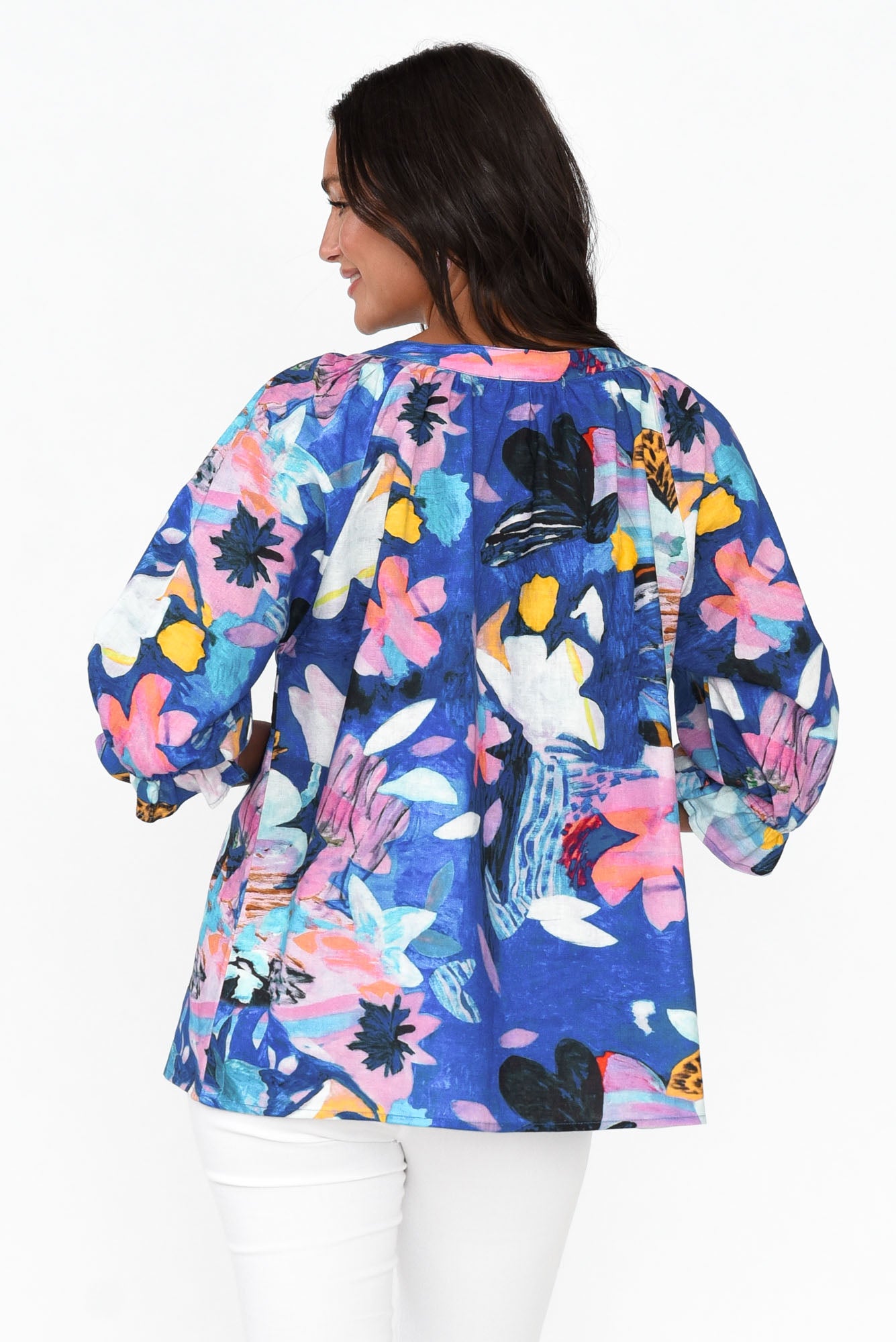 Adria Cobalt Floral Linen Cotton Top
