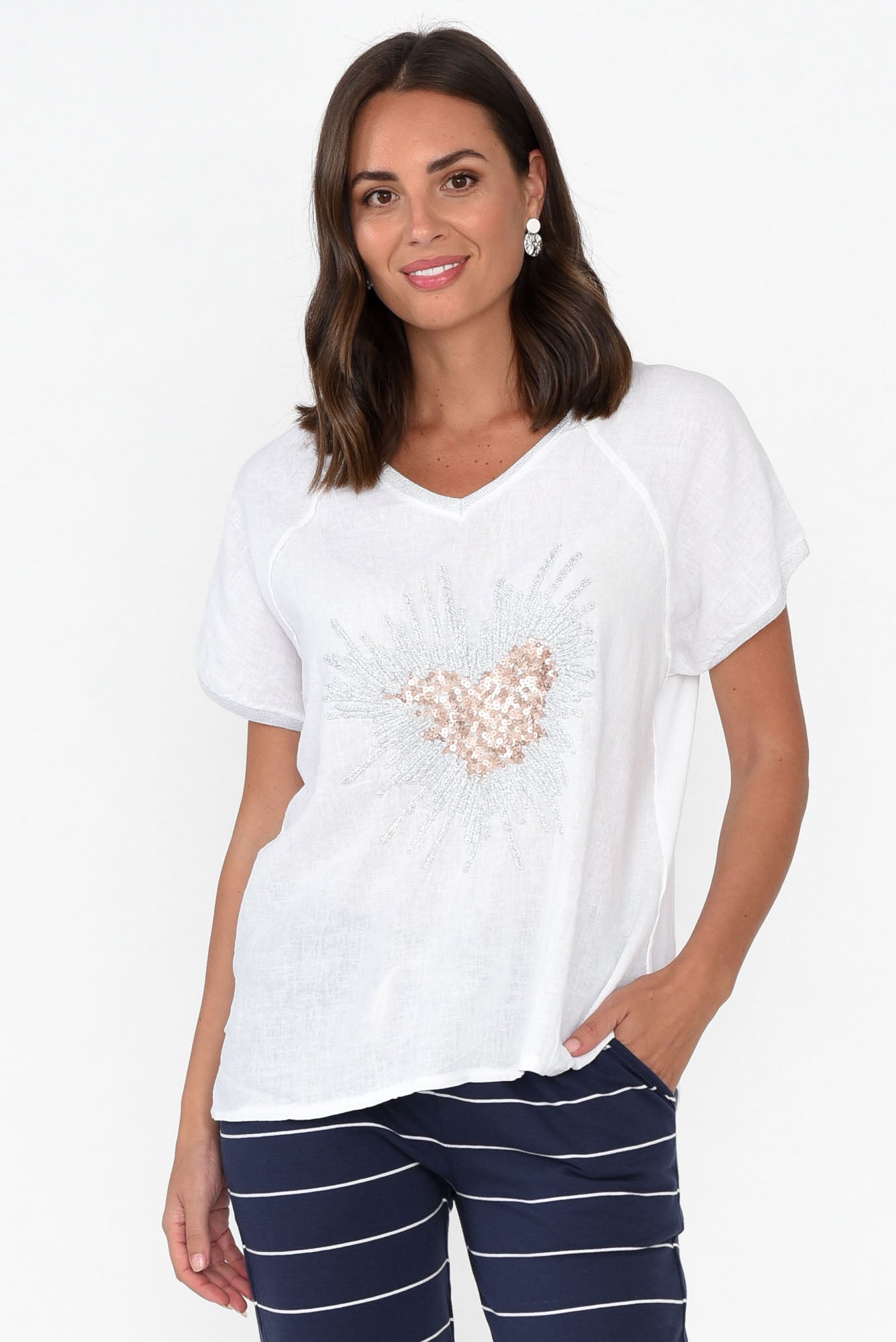 Candela White Sequin Heart Linen Top