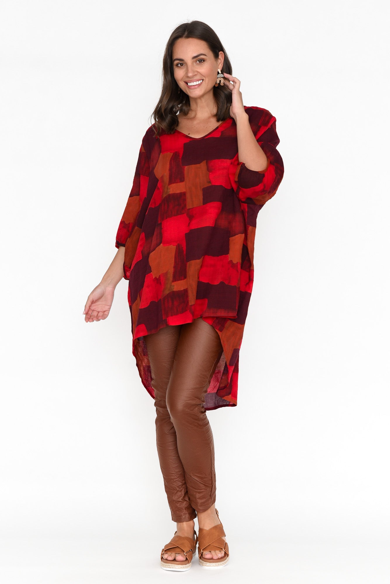 Abra Red Abstract Oversized Top