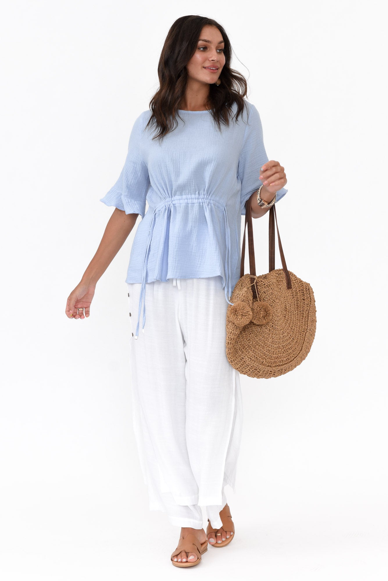 Rita Blue Crinkle Cotton Tie Top