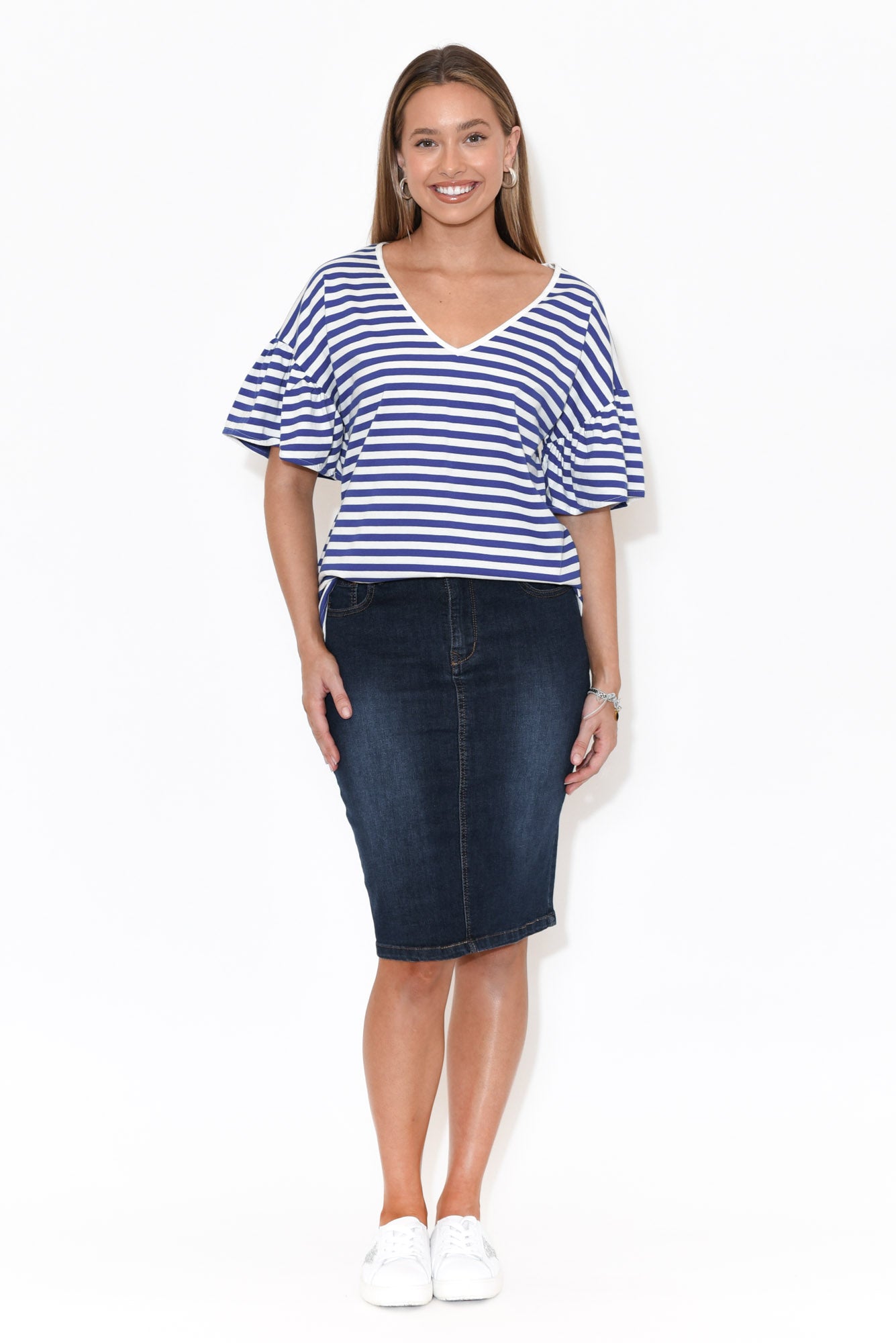 Alessia Blue Stripe Cotton Frill Top