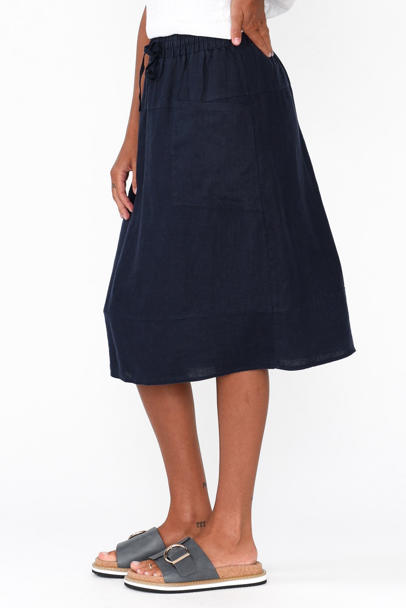 Claire Navy Linen Pocket Midi Skirt