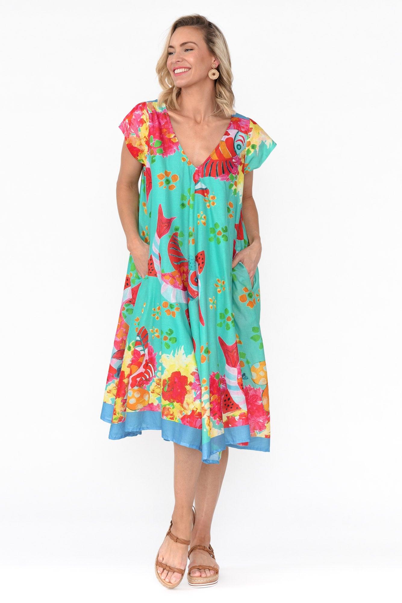 Maheno Teal Sea Cotton Midi Dress