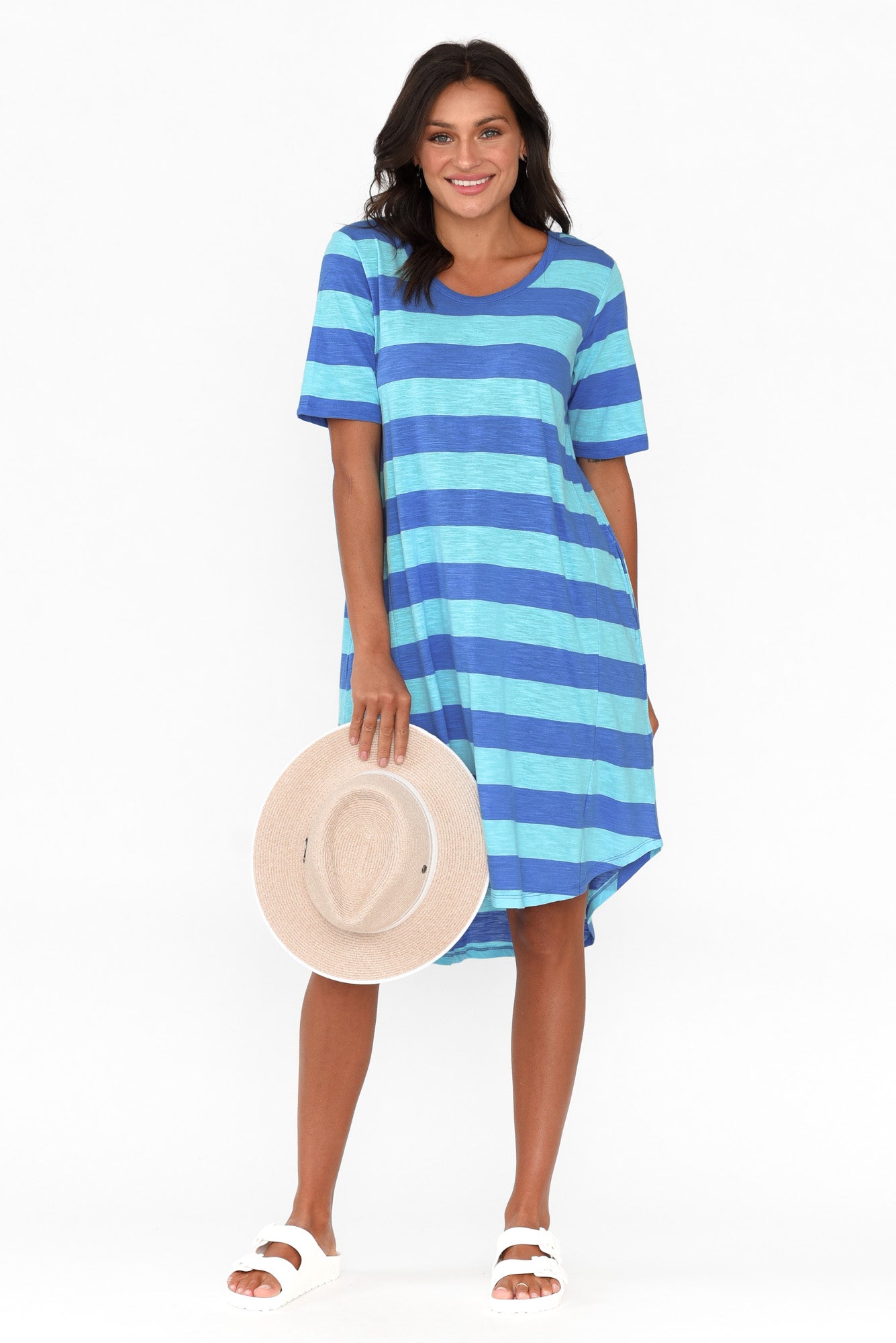 Nyree Aqua Stripe Hi Lo Cotton Dress