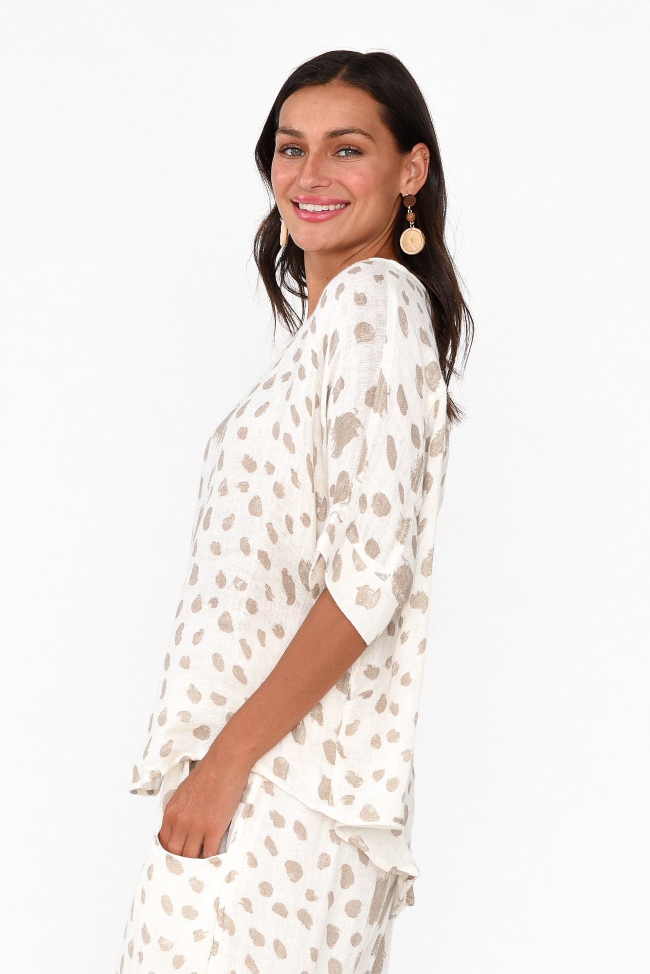 Akoni Beige Spot Linen Top