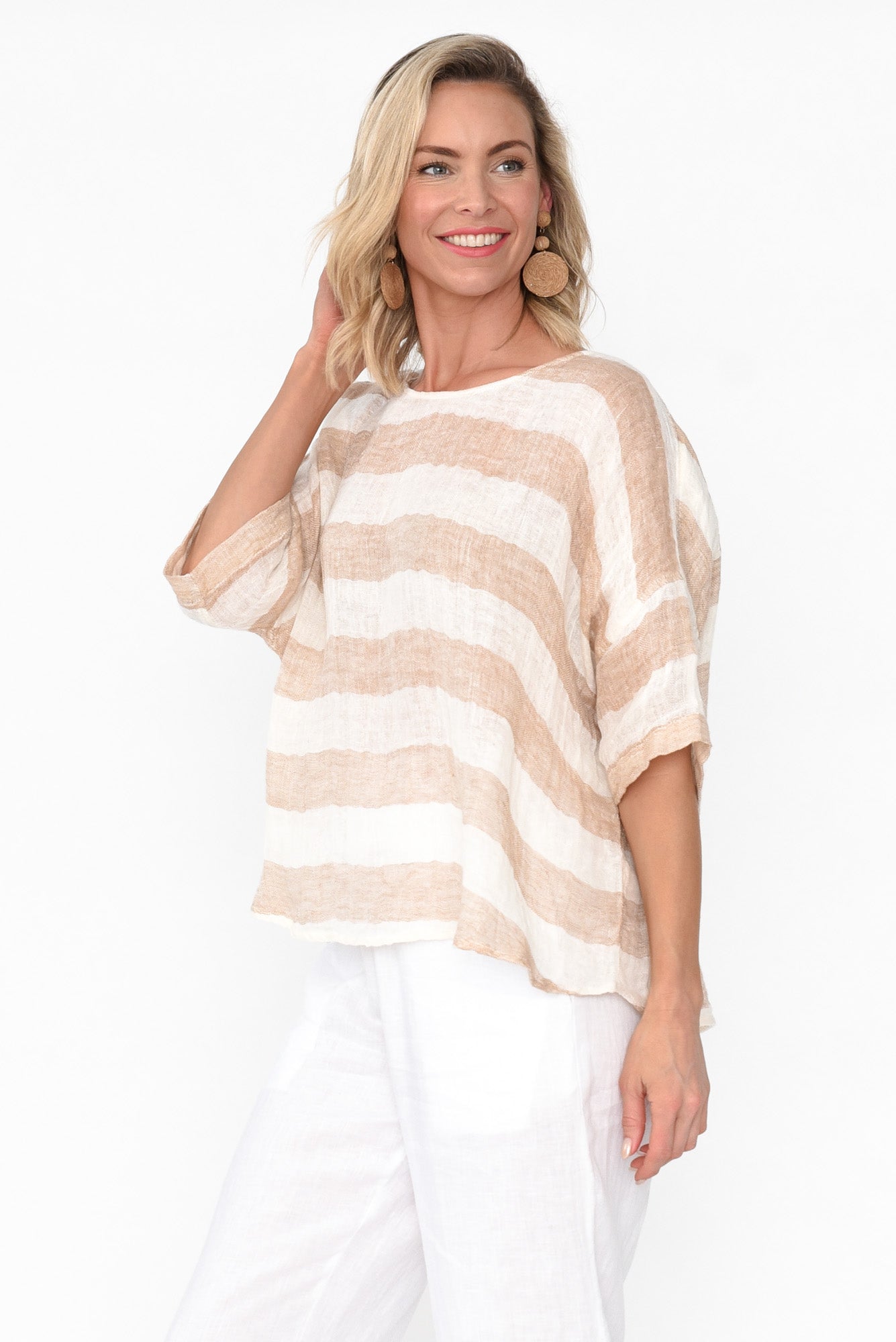 Damian Beige Stripe Linen Top