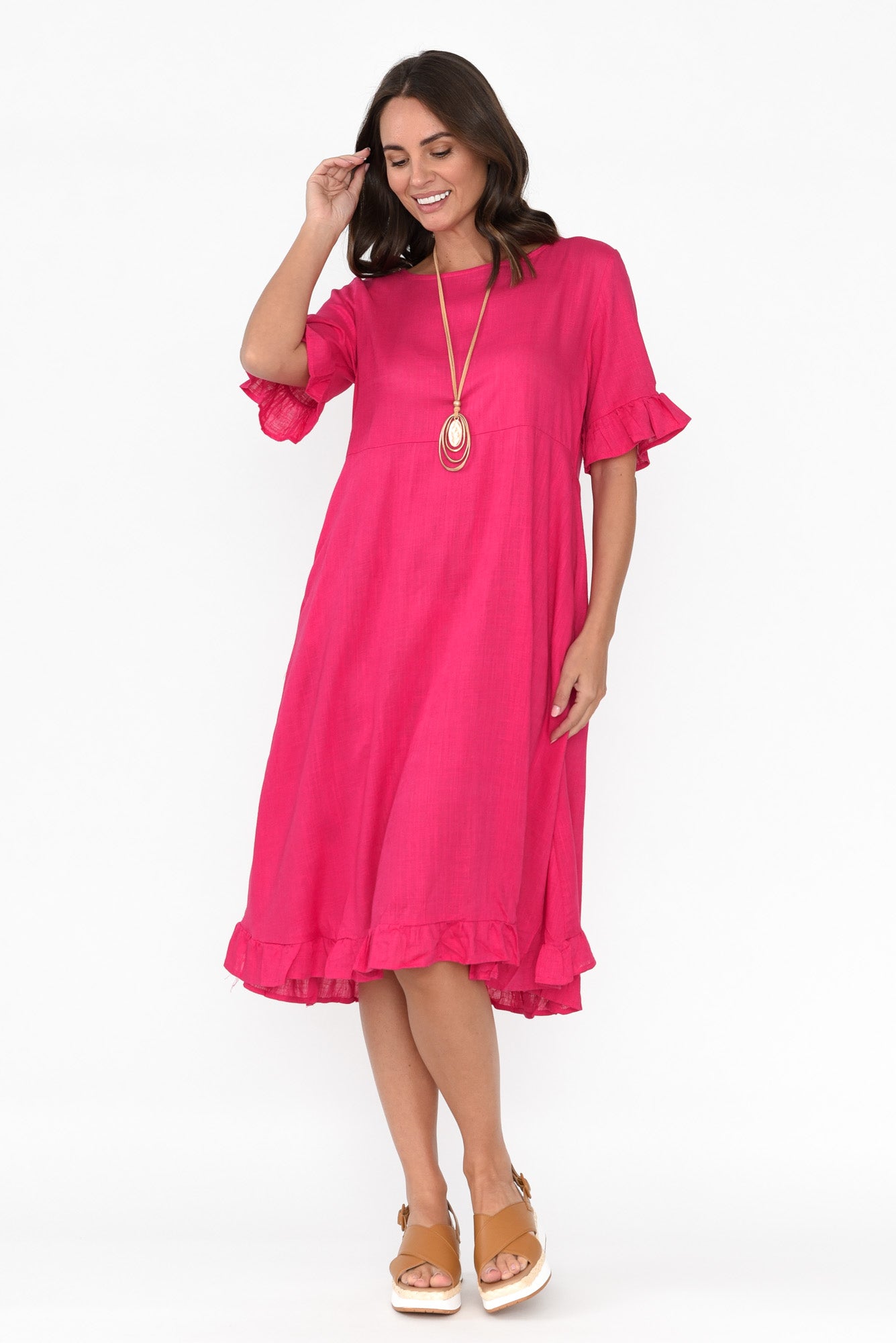 Tamsen Hot Pink Linen Cotton Ruffle Dress