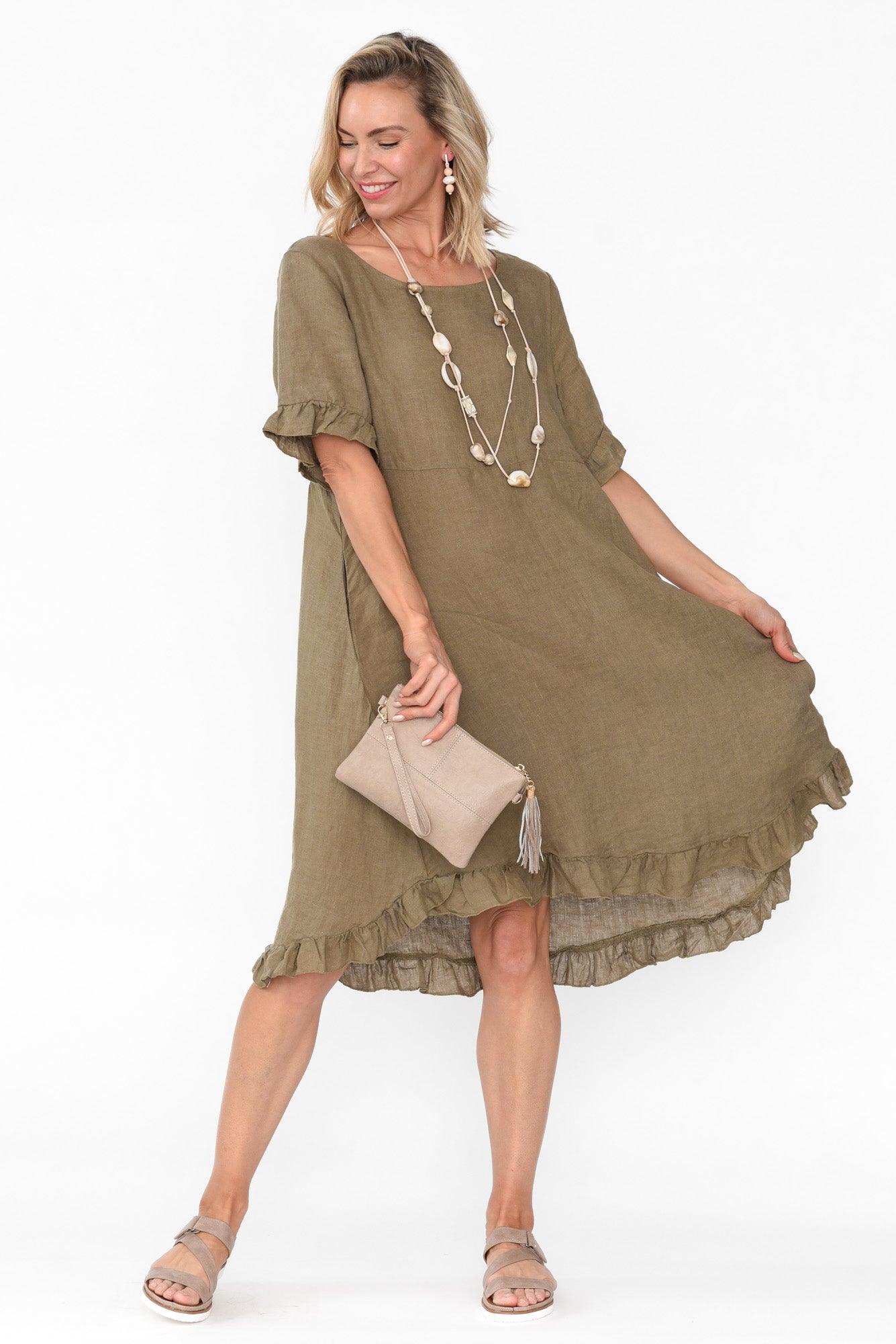 Elodie Khaki Linen Frill Dress