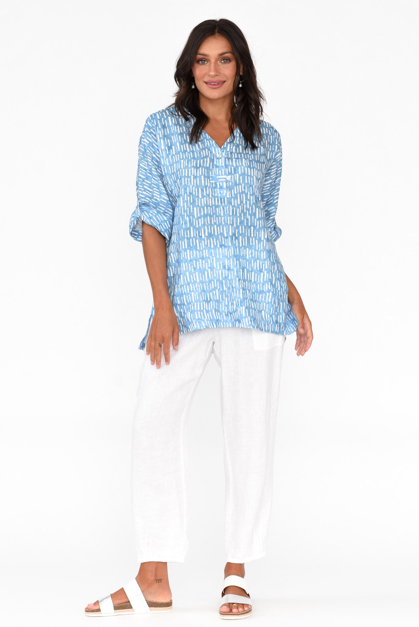 Edith Blue Geo Linen Top