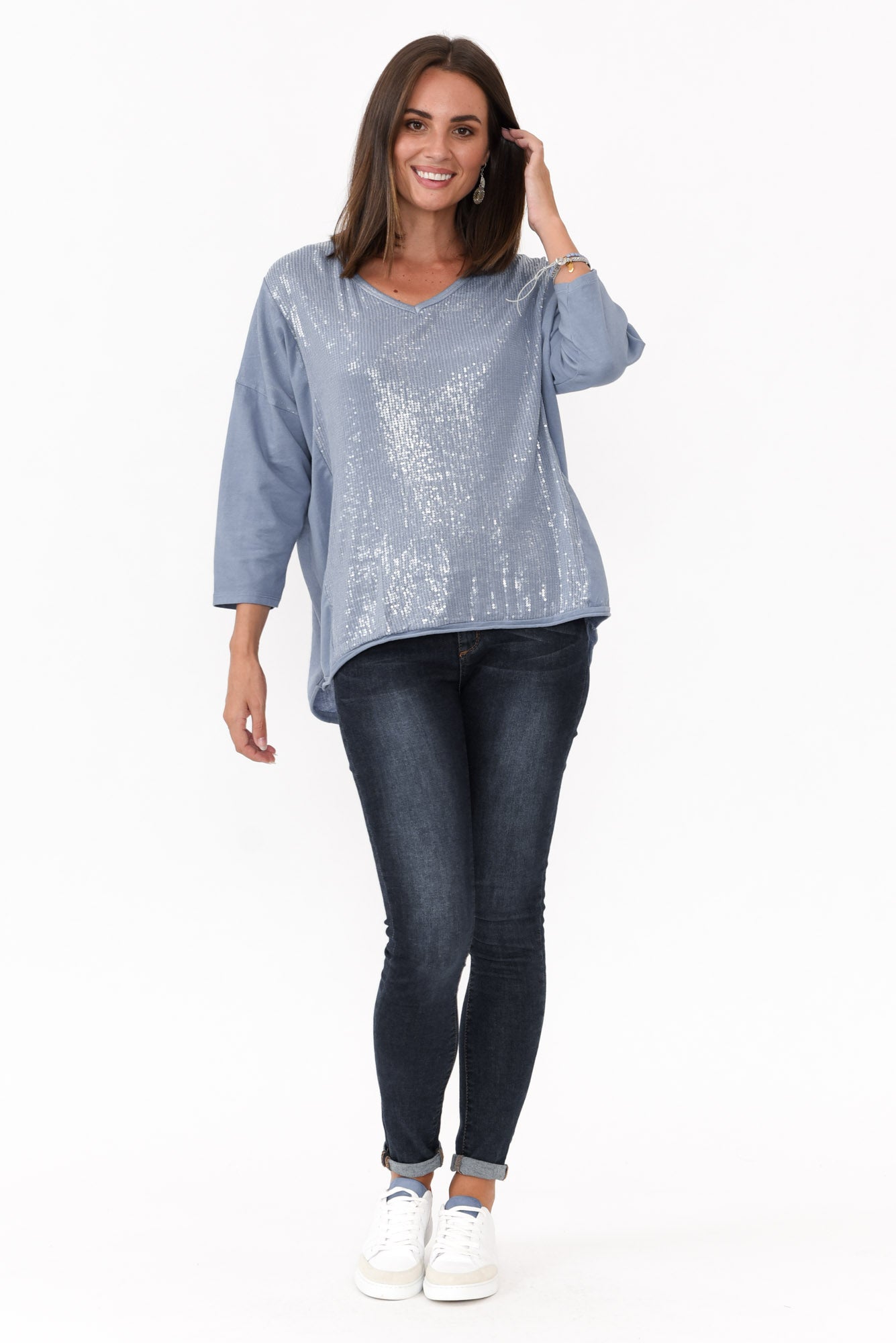 Willard Blue Cotton Sequin Top