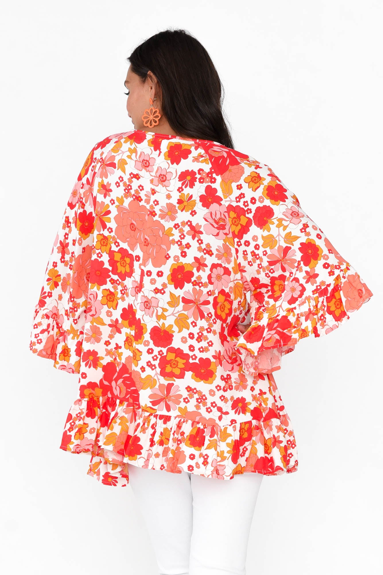 Chase Red Bloom Tassel Ruffle Top