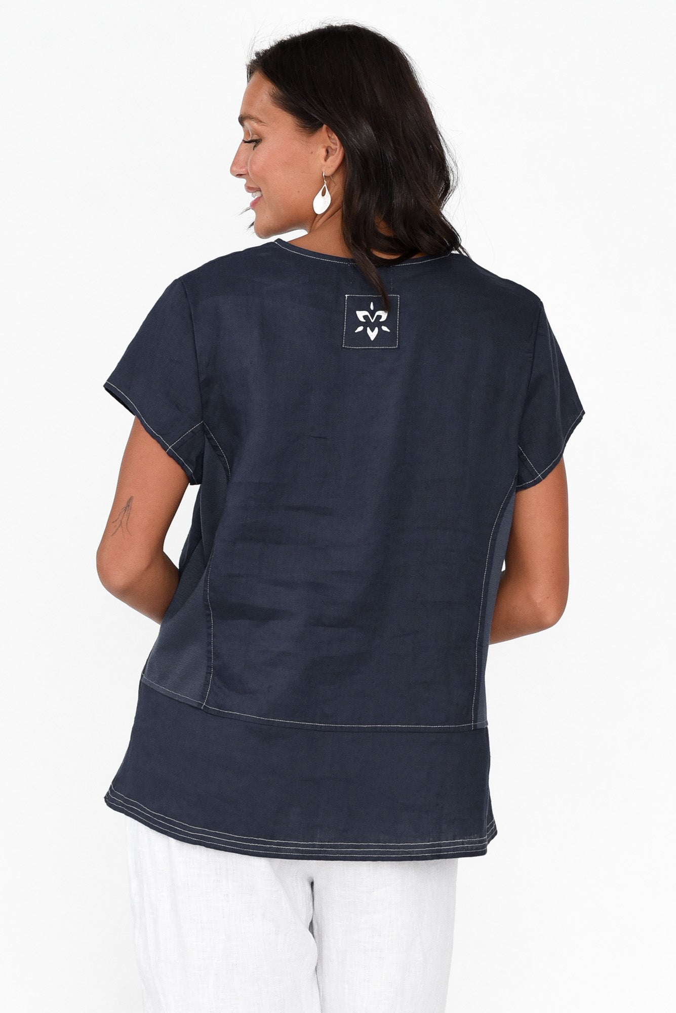 Lindy Navy Linen V Neck Top