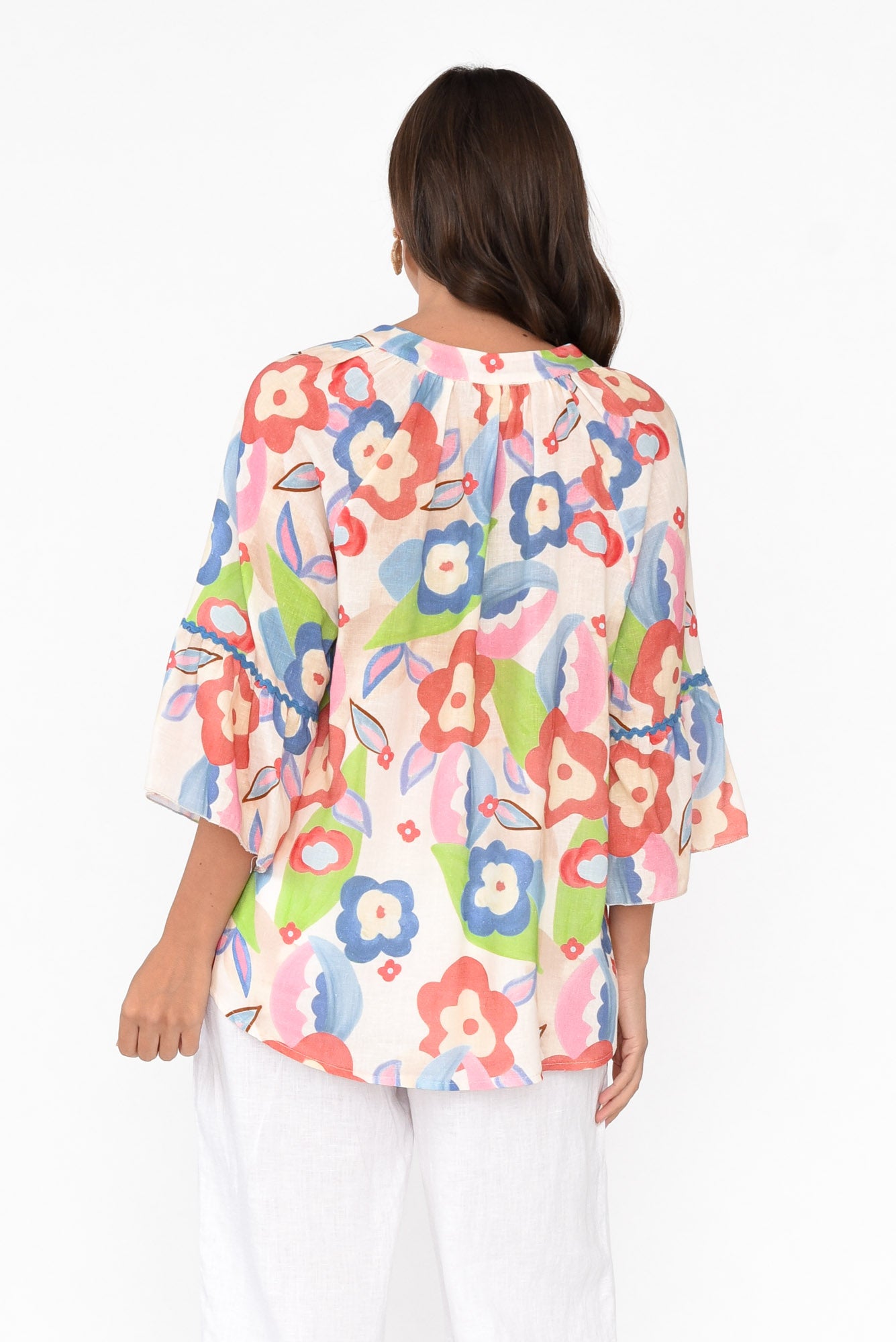 Wilda Blue Floral Linen Cotton Top