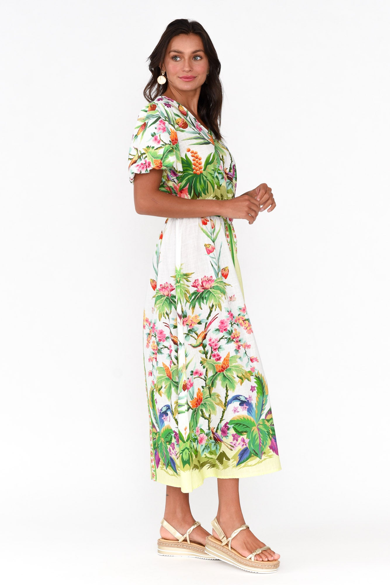 Cobana Green Tropical Cotton Belted Dress