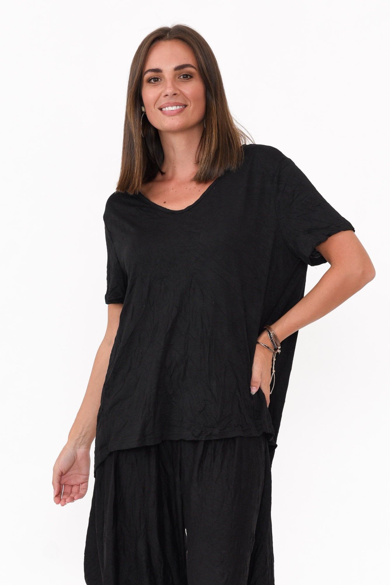 Marley Black Crinkle Cotton Short Sleeve Top