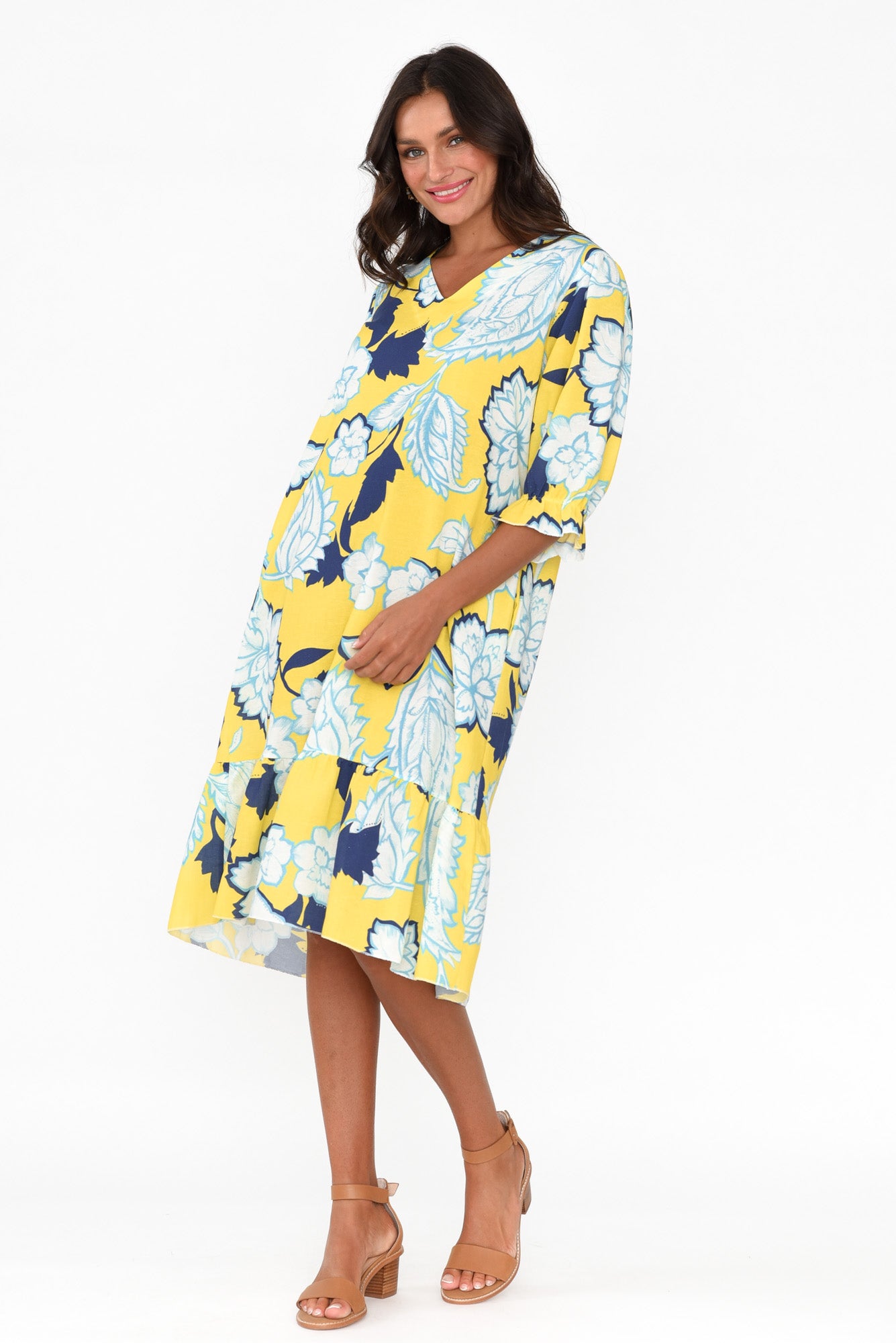 Reiko Yellow Floral Linen Blend Dress
