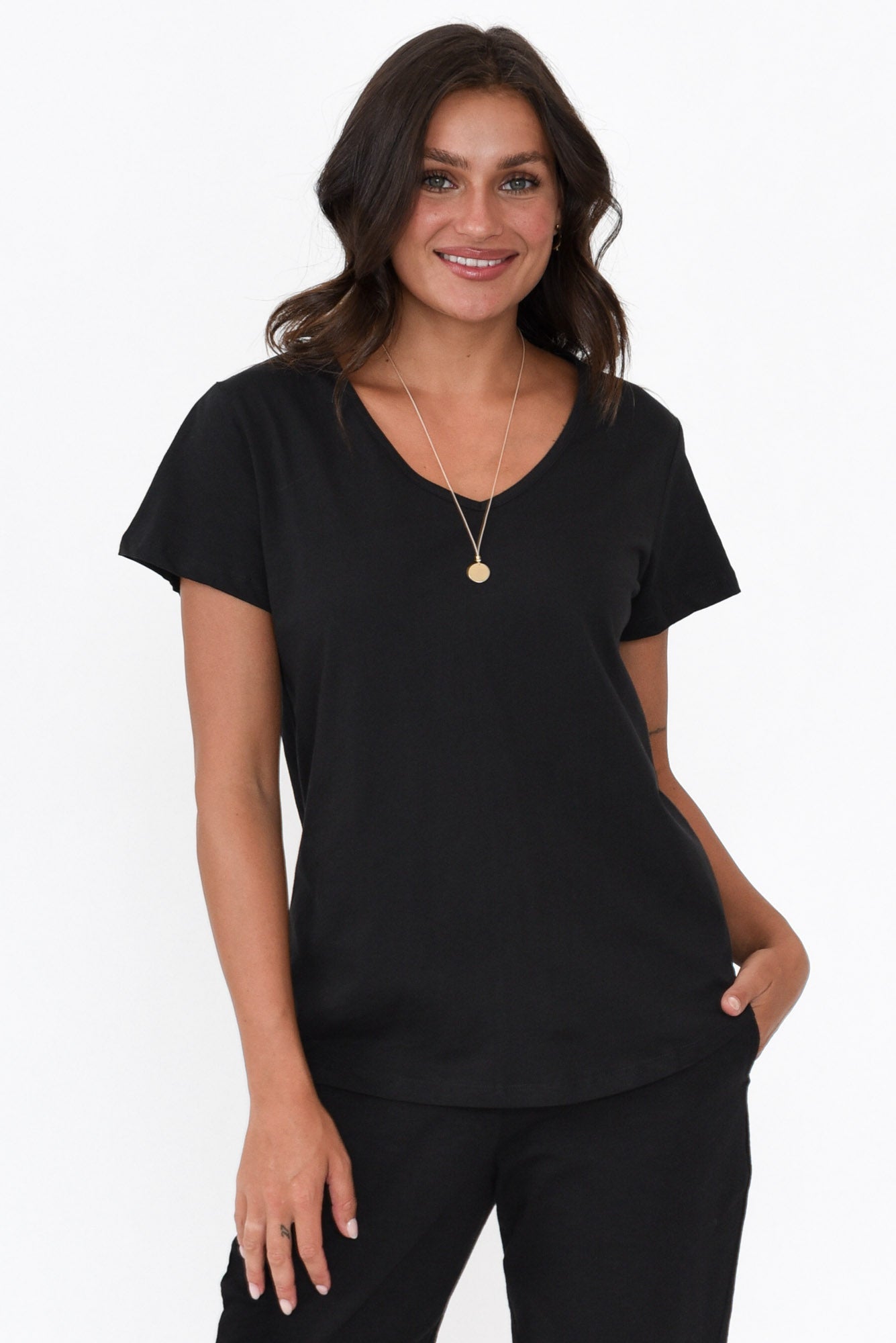 Ava Black Cotton V Neck Tee