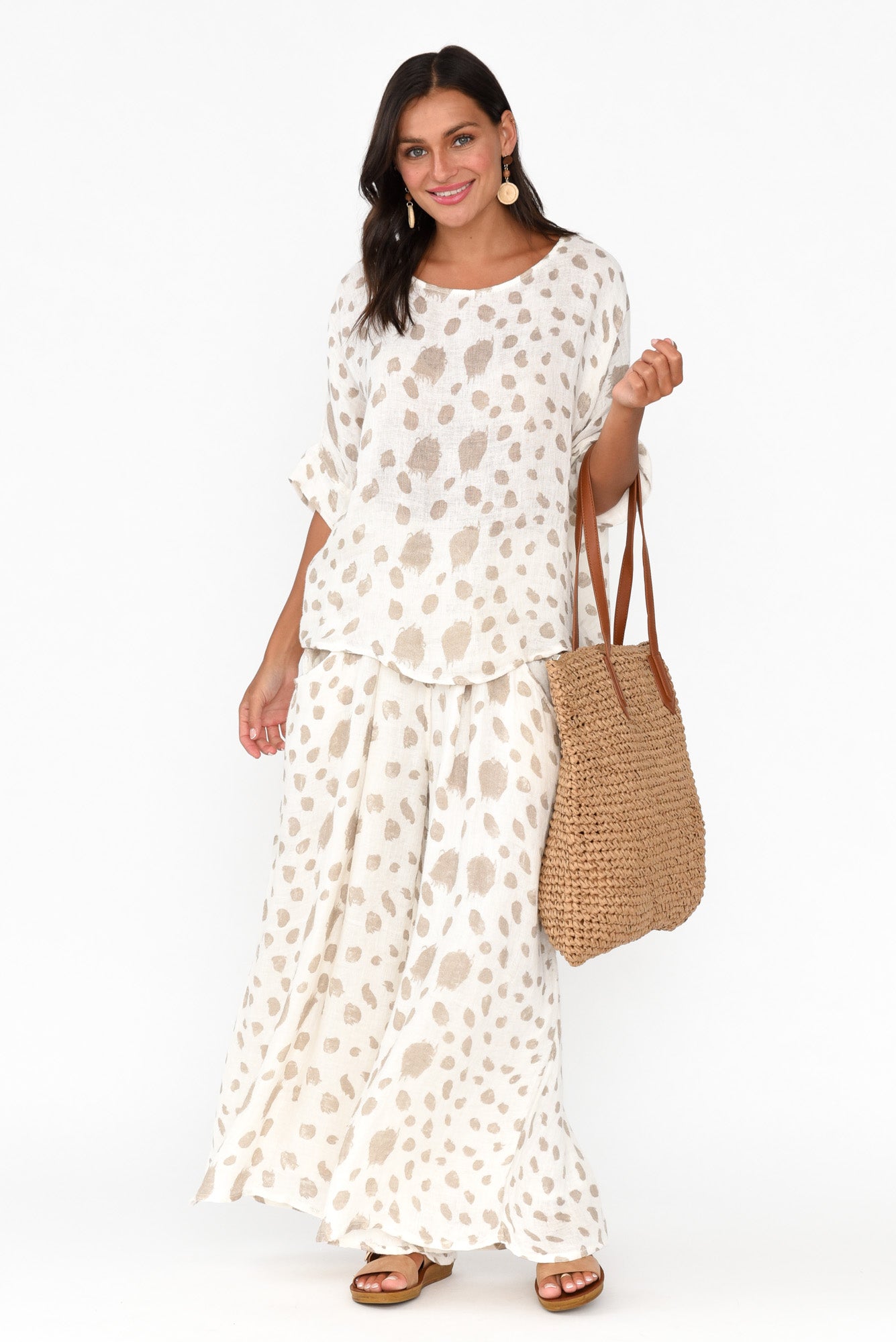 Akoni Beige Spot Linen Top