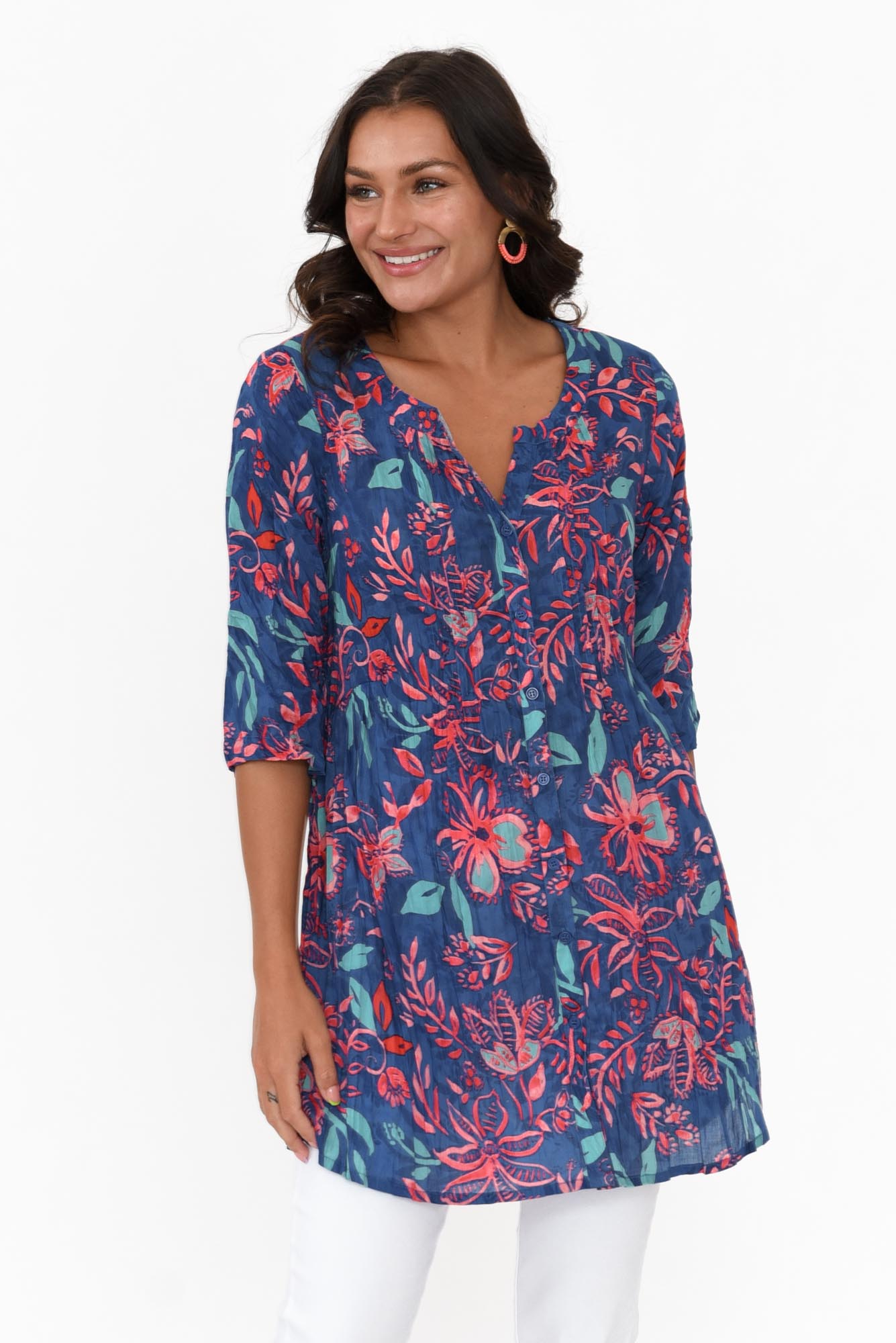 Indra Blue Garden Cotton Tunic Top