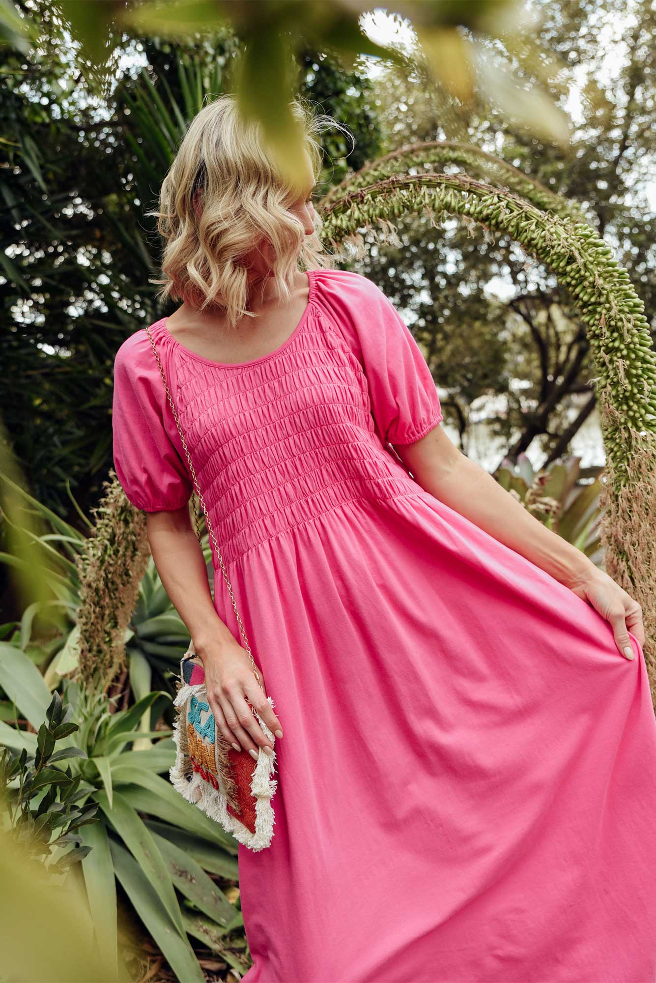 Vancouver Pink Cotton Shirred Dress