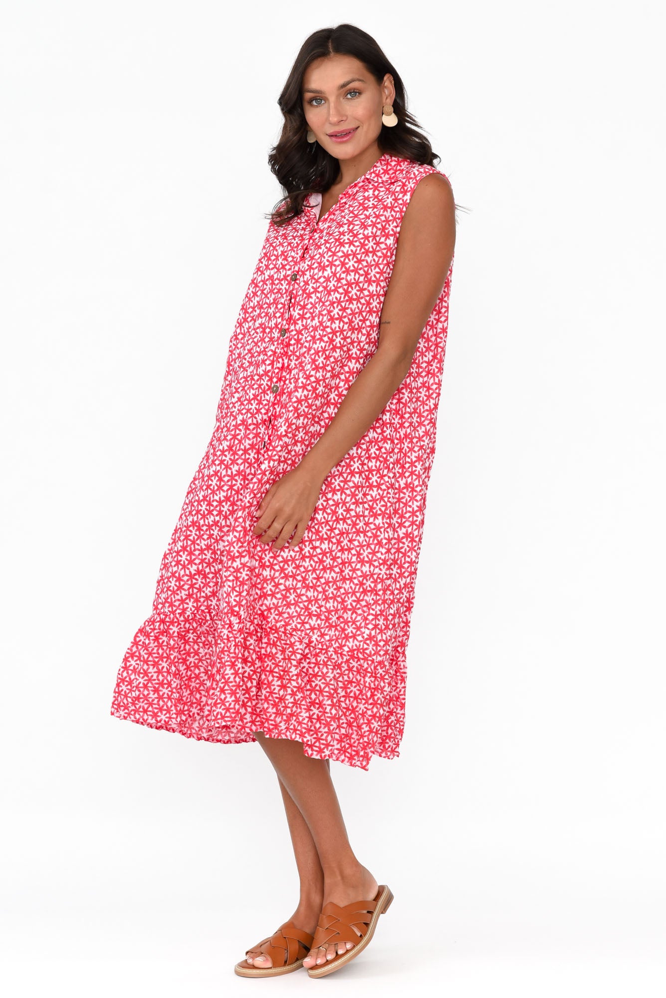 Luca Red Flower Cotton Frill Hem Dress