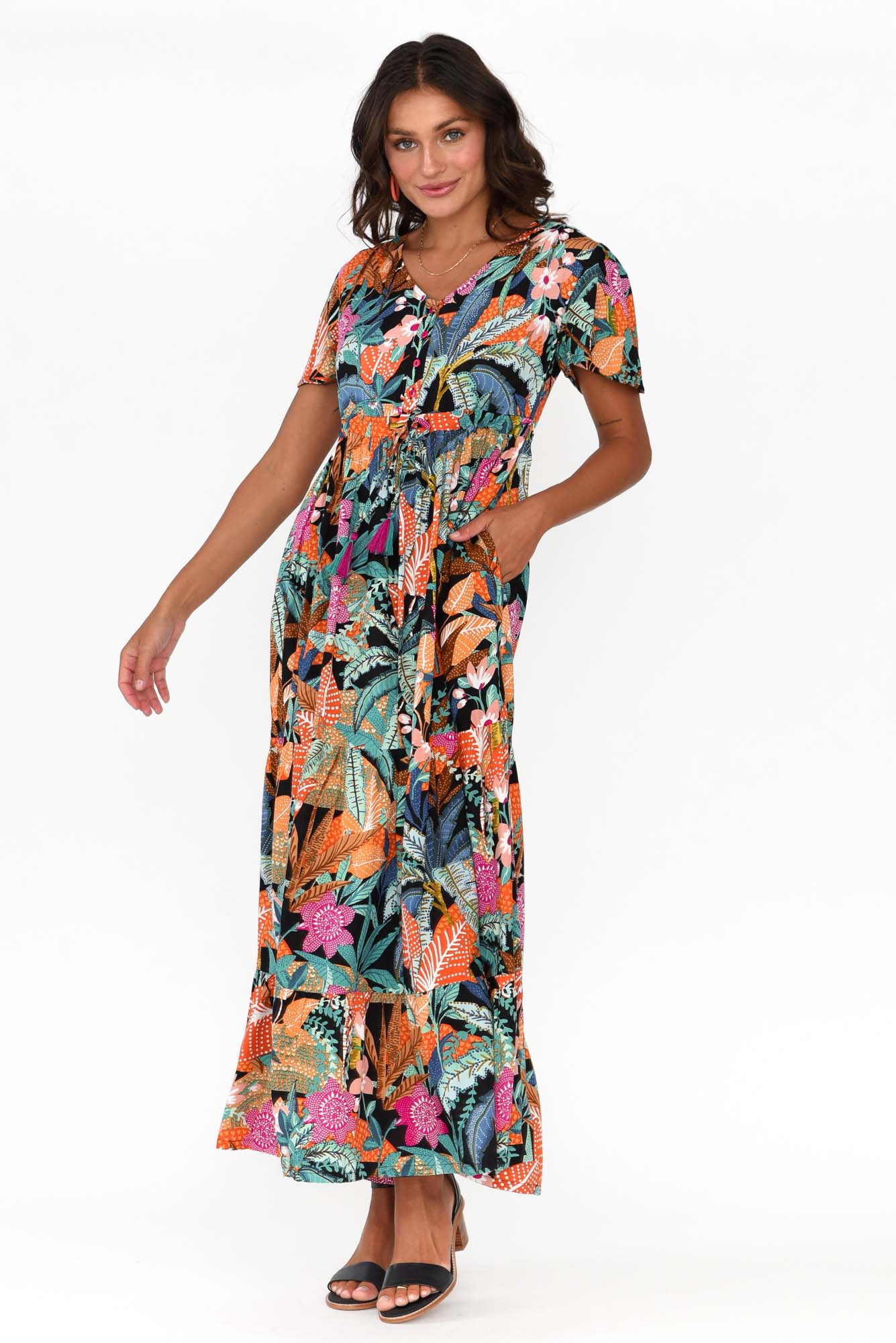Paphos Black Tropical Tiered Maxi Dress