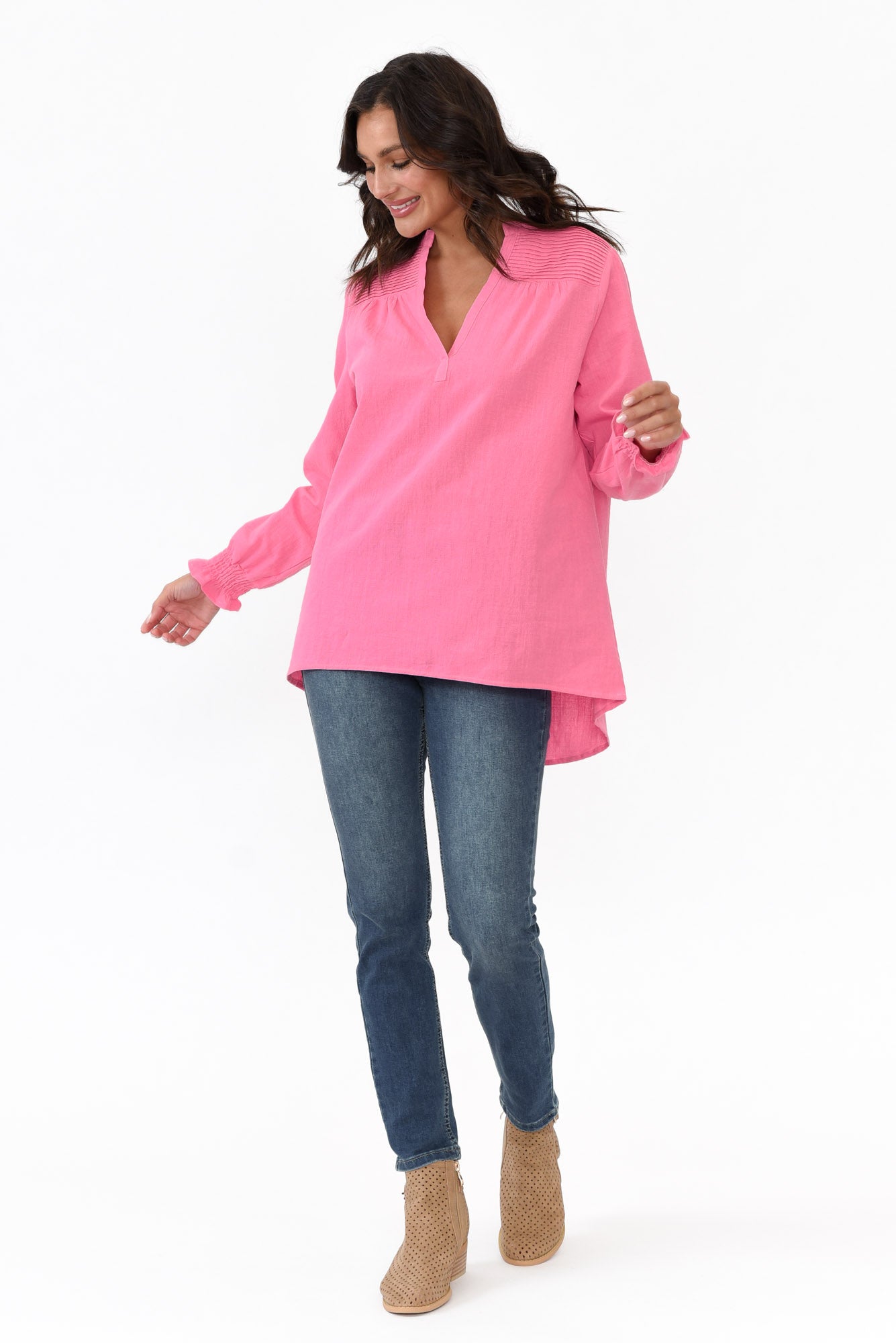 April Pink Cotton V Neck Top