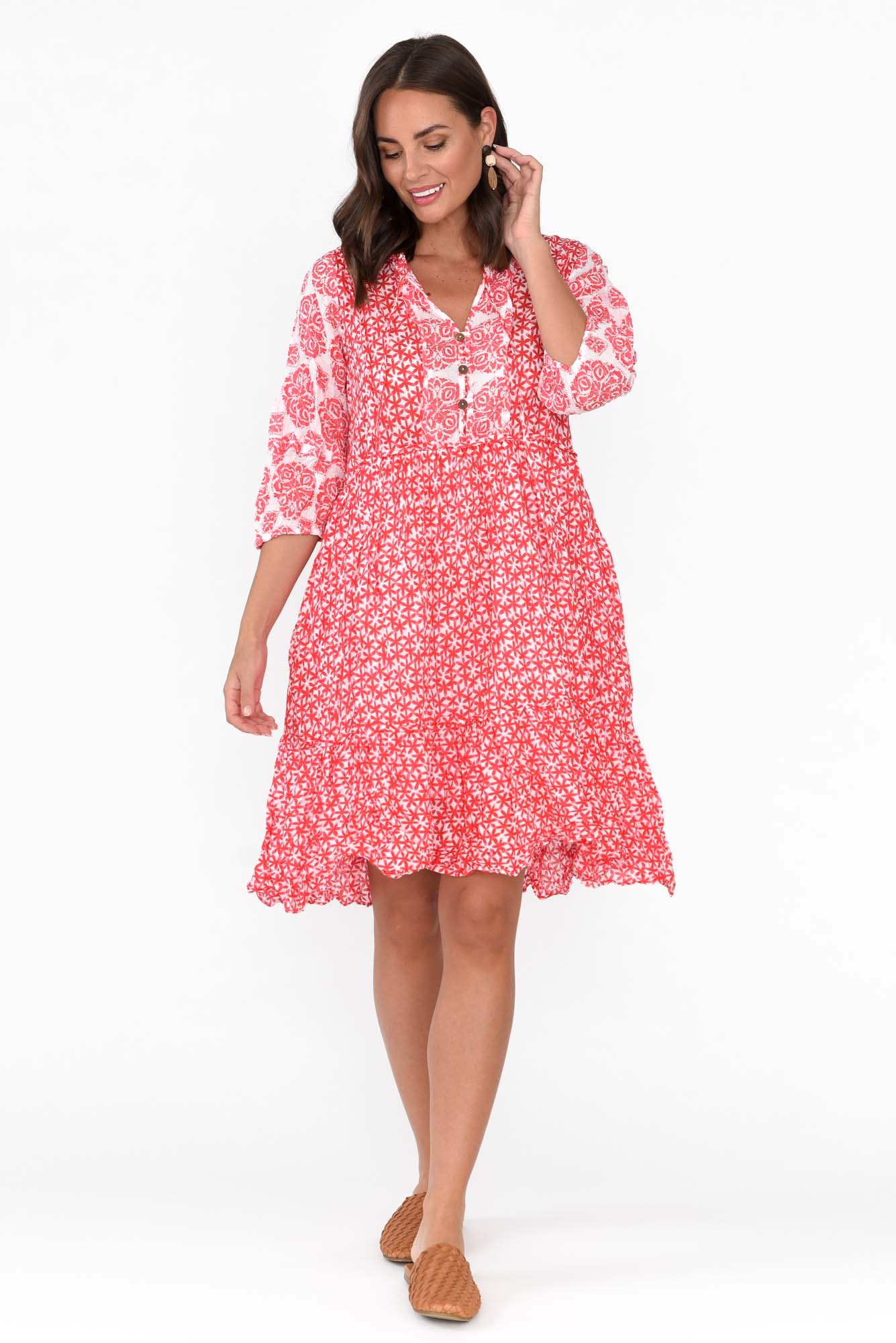 Oakwood Red Flower Cotton Puff Sleeve Dress