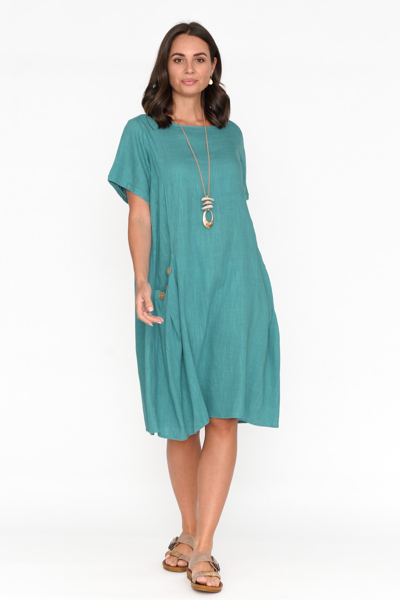 Tyreke Teal Linen Cotton Pocket Dress