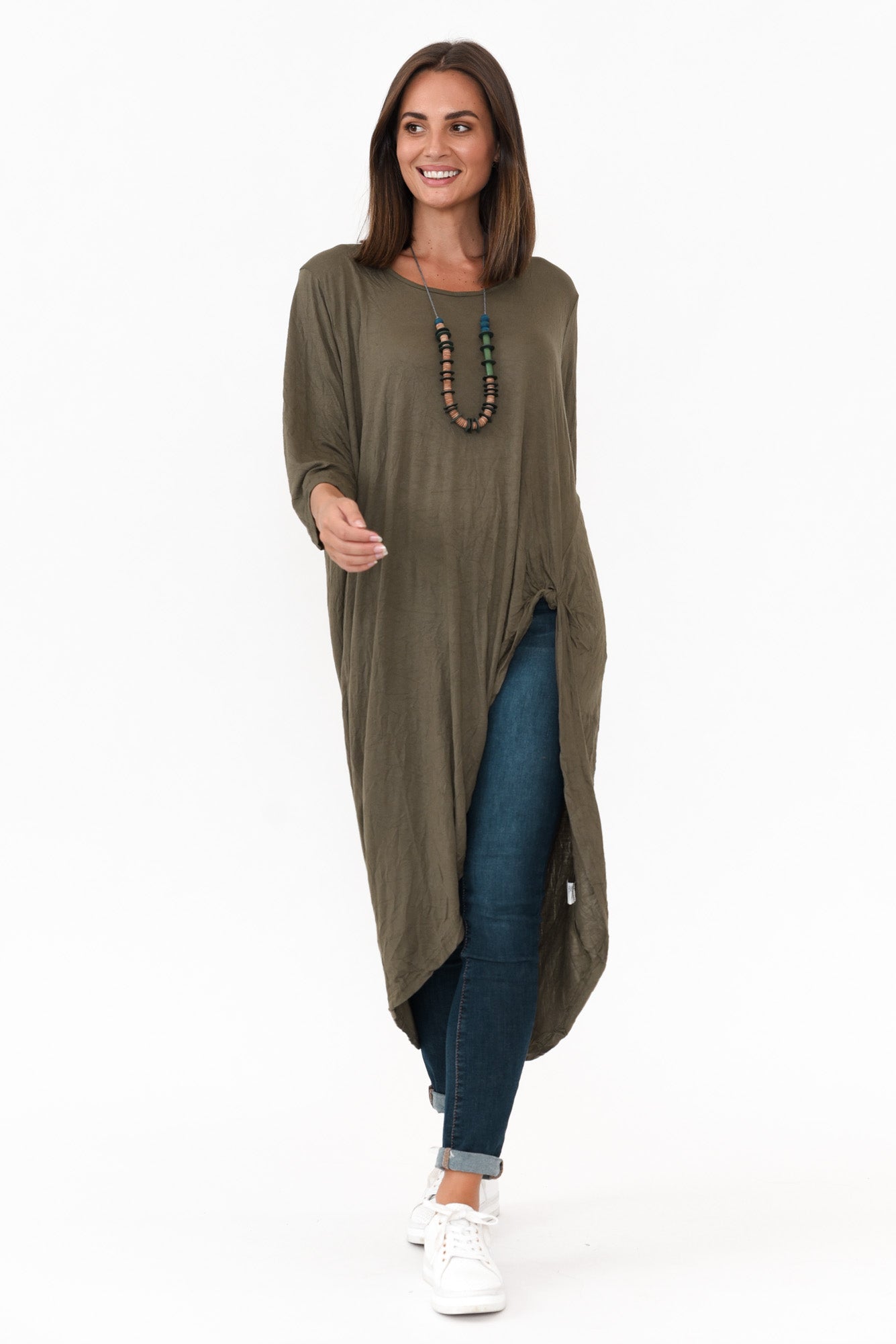 Khaki Crinkle Cotton Asymmetric Tunic