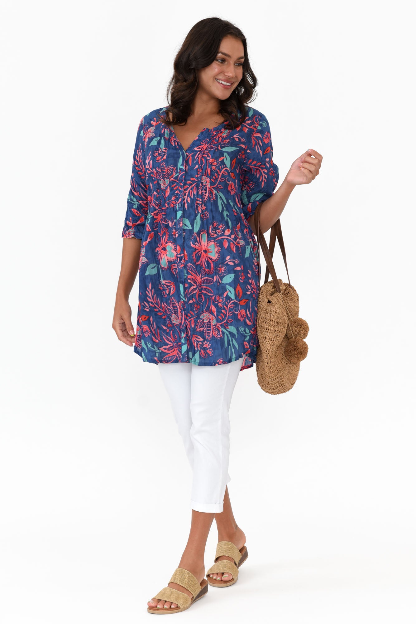 Indra Blue Garden Cotton Tunic Top
