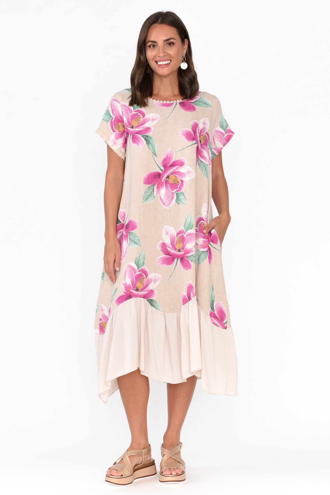 Ryker Beige Floral Linen Pocket Dress