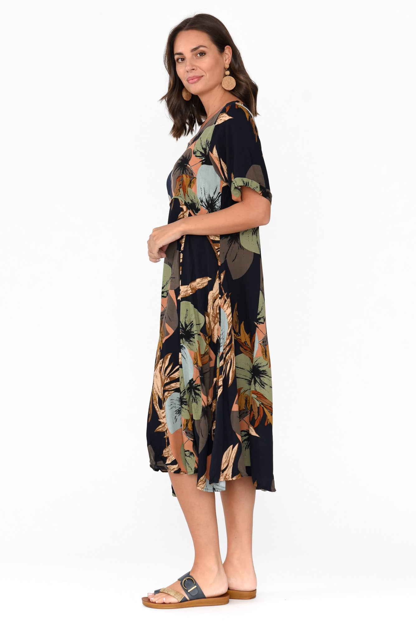 Yazi Navy Abstract Pocket Midi Dress