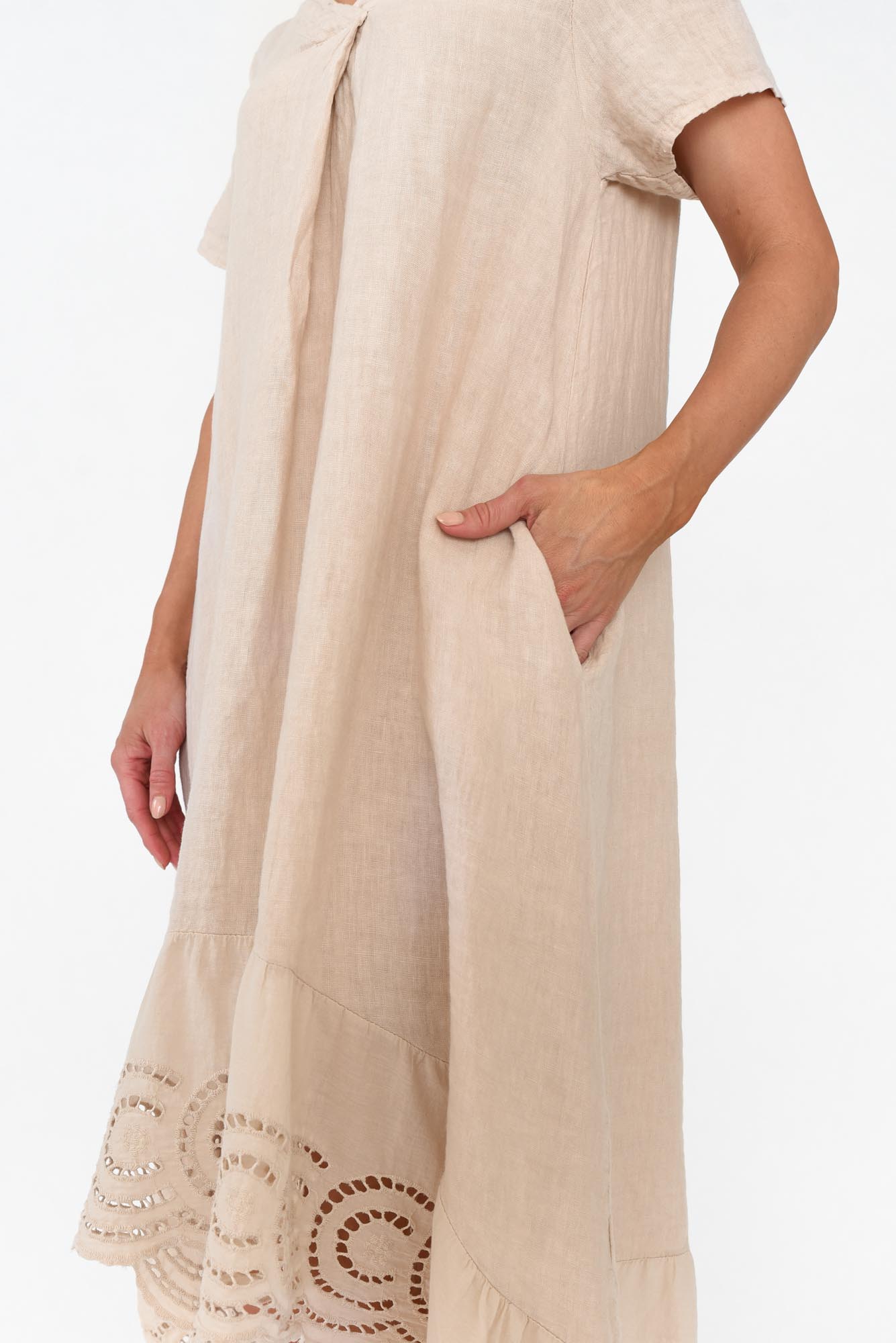 Ravella Beige Linen V Neck Dress