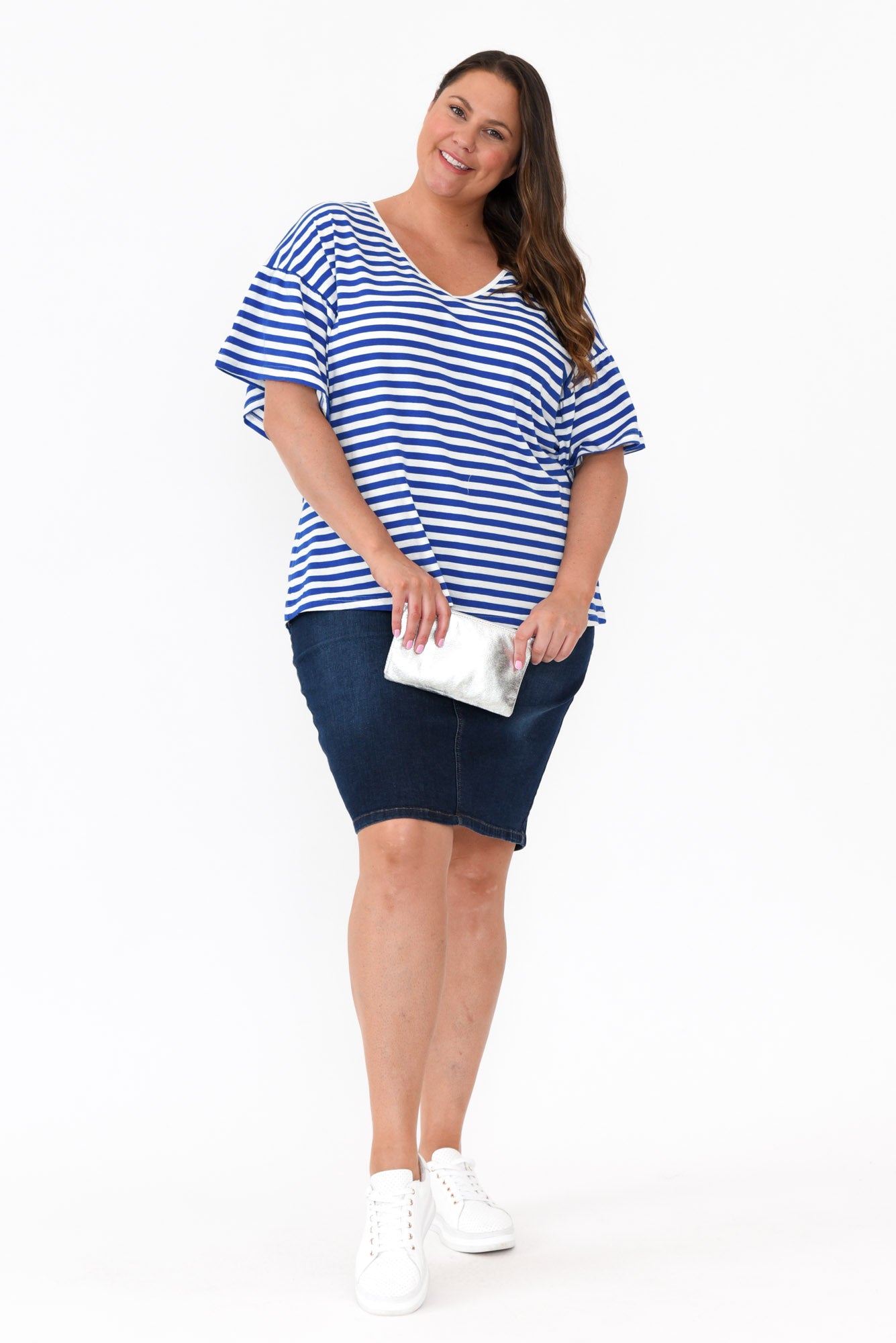 Alessia Blue Stripe Cotton Frill Top